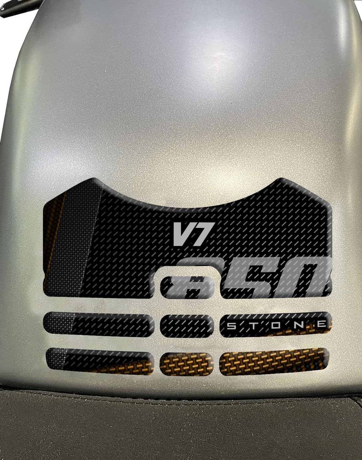 ADESIVO RESINATO EFFETTO 3D, PER MOTO COMPATIBILE CON MOTO GUZZI STONE V7 850 (GIALLO, PARASERBATOIO)