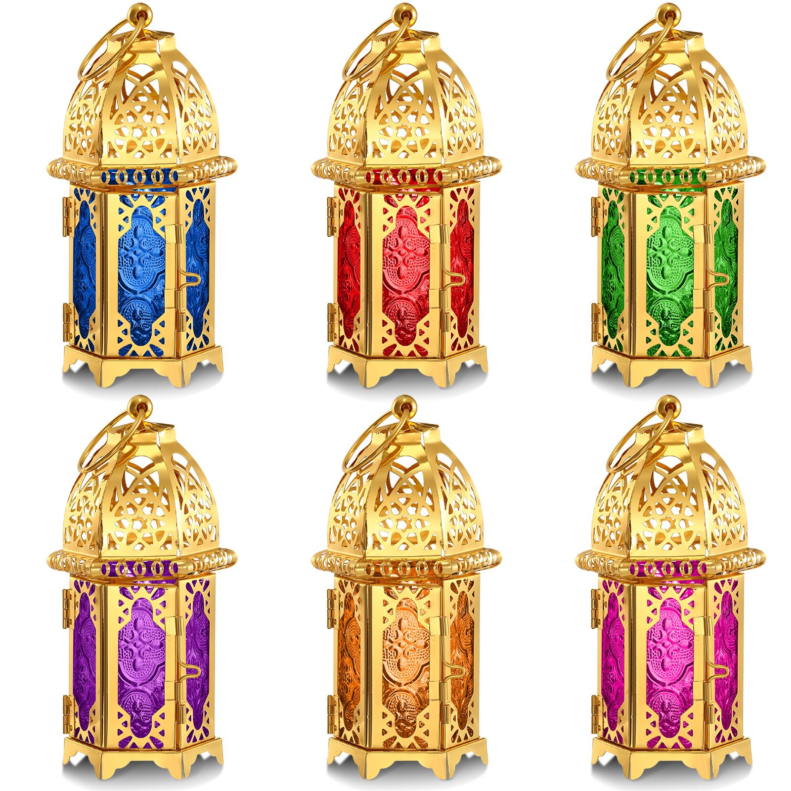 Photo 1 of Mumufy 6 Pcs Moroccan Lanterns Ramadan Lantern Eid Decorations for Home Gold Lamp Decor Vintage Decorative Eid Mubarak Hanging Candle Lantern for Party Decor Indoor Outdoor (Gold)