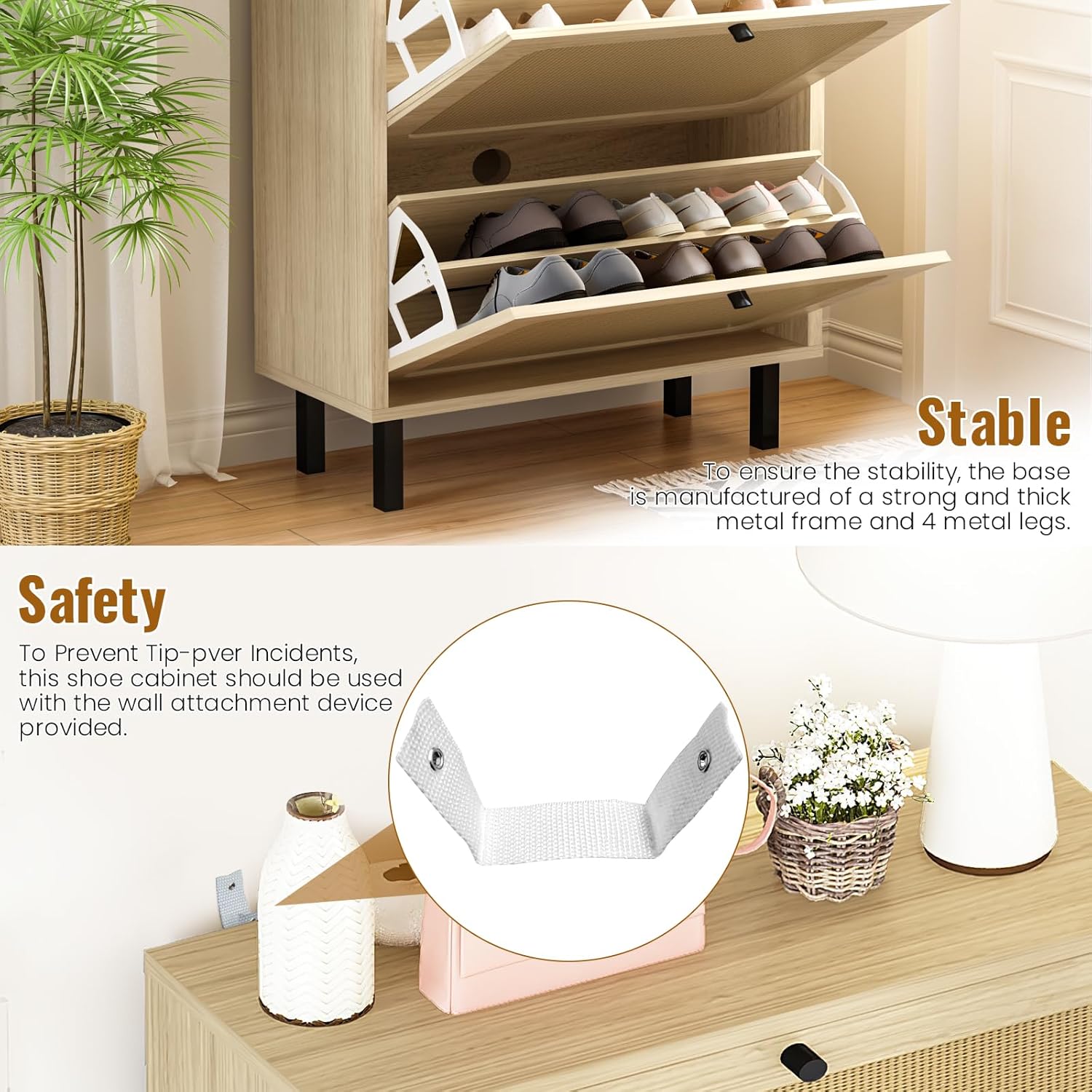 AWQM Shoe Storage Cabinet, Shoe Rack Cabinet with Flip Drawers, Narrow Shoe Rack for Small Apartment, Freestanding Organizer with Metal Legs for Entryway,Foyer,Hallway (Rattan)