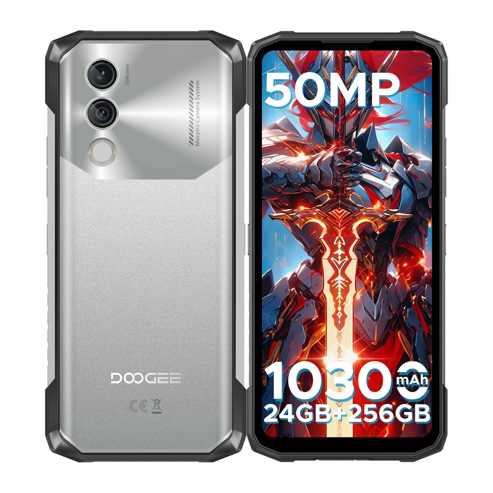 DOOGEE Blade 10 Power Rugged Smartphone, 24(6+18) GB+256GB, 10300mAh, Smartphone Rugged 90Hz 6.6” HD+ IPS, Octa Core Android 14, 50MP+8MP, Triple Card Slot, Fingerprint ID/Face Unlock/NFC/OTG, Argento