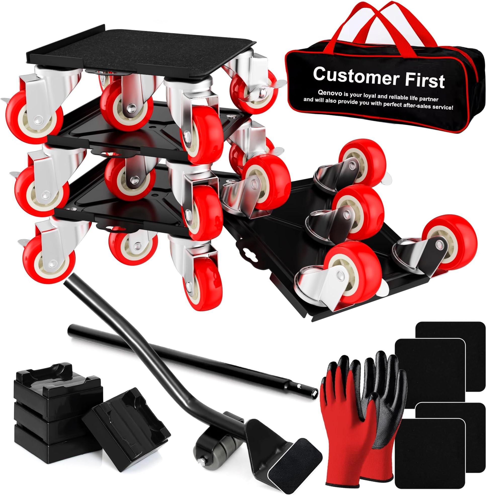 3,400 lb Capacity Furniture Dolly Set, 7.8-Inch Platforms, Red | Carbon Steel Dollies Feature Five Quiet Wheels, Including Locking Casters, Plus a Pry Bar for Washers, Sofas and Cabinets.