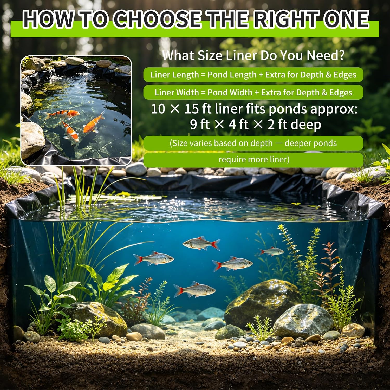 10x15FT Pond Liner for Outdoor Ponds, Heavy Duty Fish Pond Liner, Waterproof & UV Resistant Koi Pond Liner, Flexible Cut-to-Fit Plastic Liner for Backyard Pond, Garden Pond, Raised Bed & Waterfall