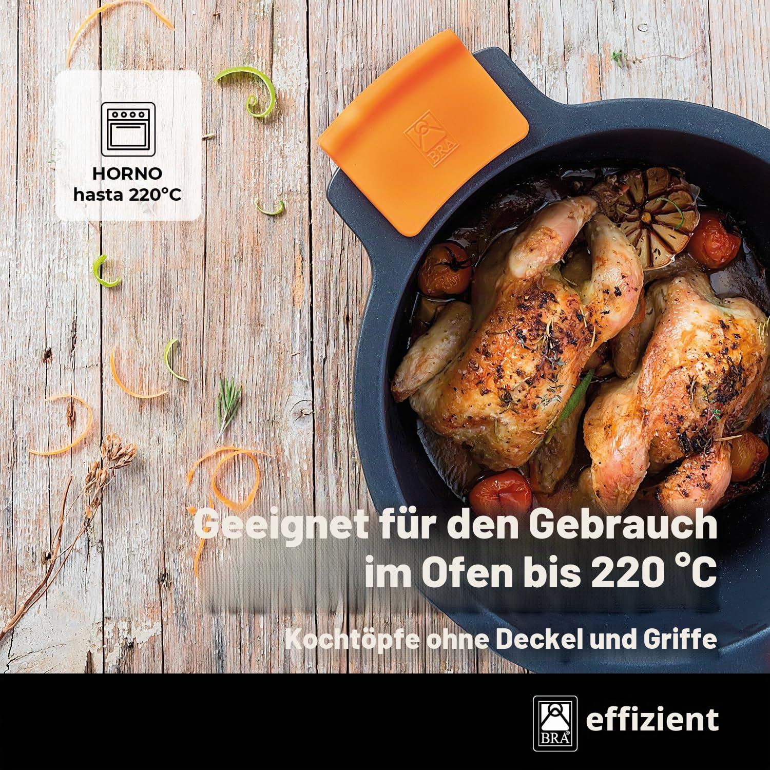 BRA Efficient | Hoher Topf mit Glasdeckel und Silikongriffen, 11 Liter, 28 cm, für alle Herdarten einschließlich Induktion geeignet, Aluminium, Schwarz