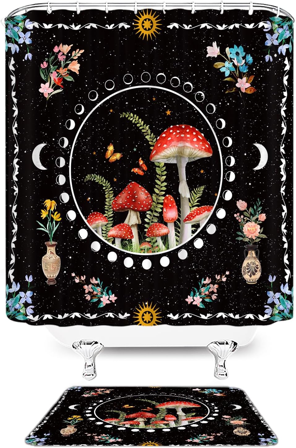 2 Pcs Shower Curtain Set Mushroom Bath Mat Moon Phase Aesthetic Botanical Flower Butterfly Boho Astrology Tarot Bathroom Bedroom Kitchen Rug Bath Mat 16x24 and Shower Curtain 70X70 Inch