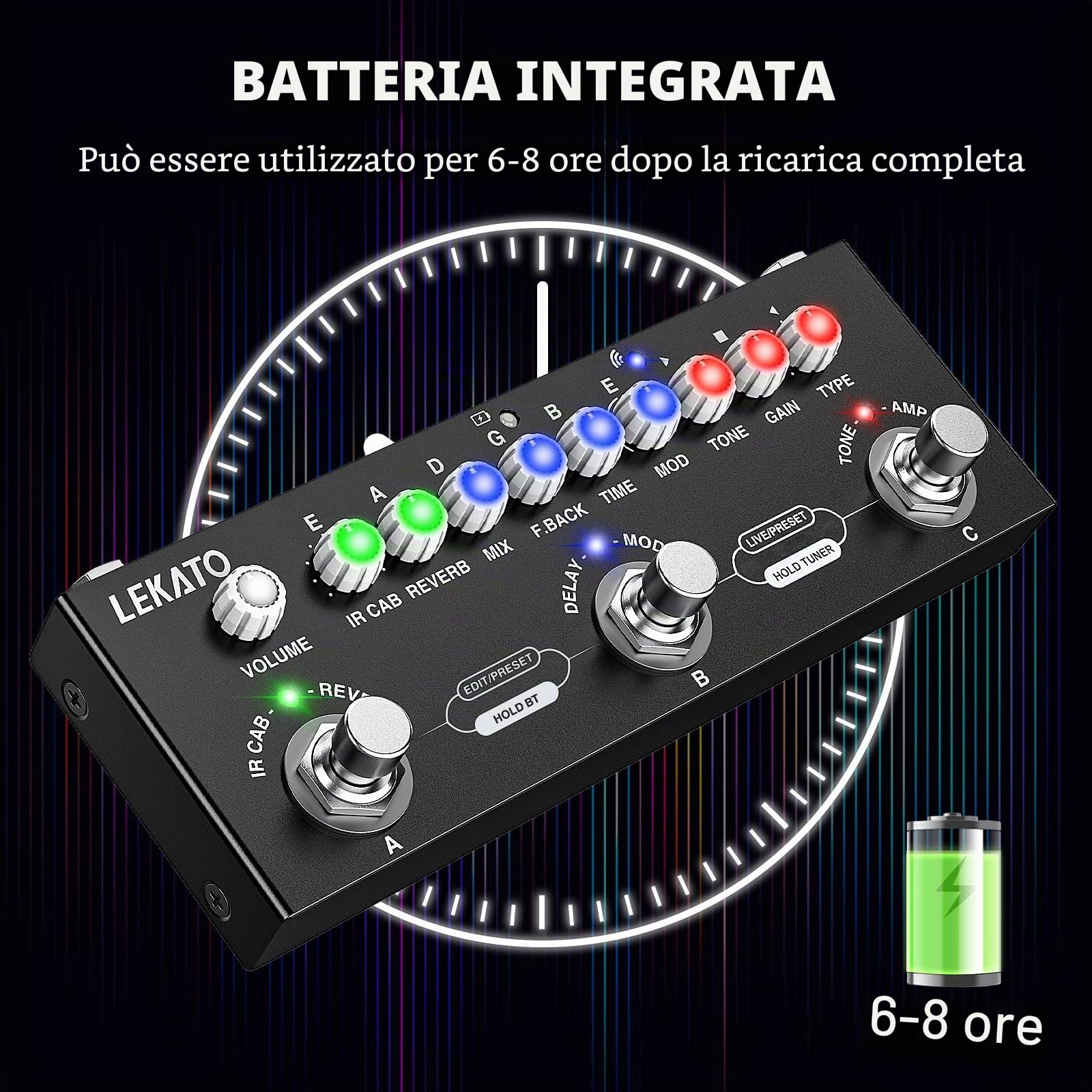 LEKATO Pedale Chitarra Multi Effetto, Caricamento IR, 9 Modelli di Amplificatori, Delay Reverb Phase Chorus Distortion Overdrive, Pedali Effetti Chitarra Ricaricabili, Registrazione, Bluetooth 5.0