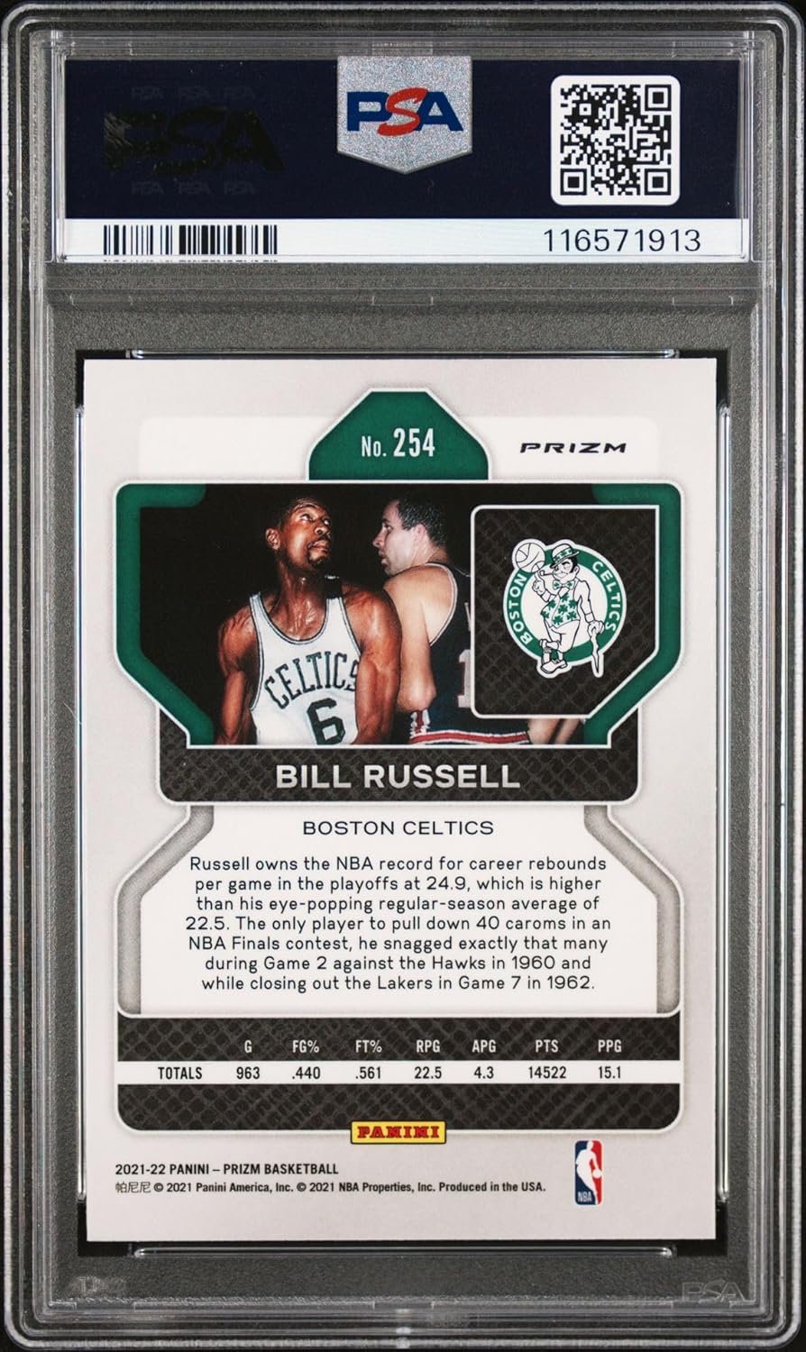 Bill Russell 2021 Panini Prizm Green Prizm Basketball Card #254 Graded PSA 9