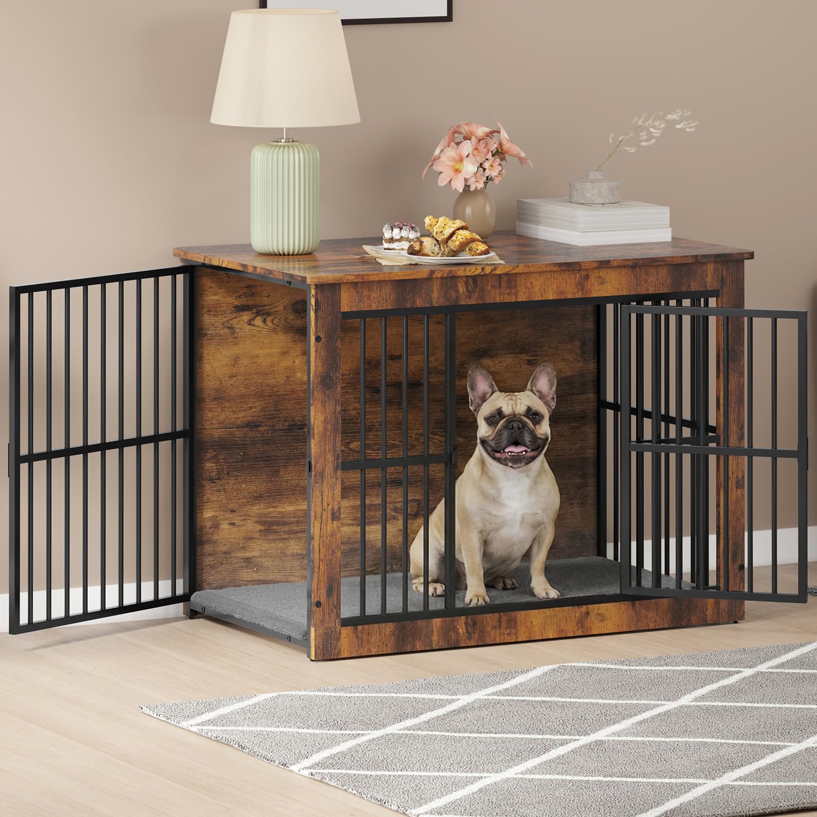 Hello-5ive Grande gabbia per cani mobile, gabbia per cani in legno con doppie porte, resistente cuccia per cani da interno con tappetino in peluche per cani di piccola e media, tavolino, 80,5 x 59 x