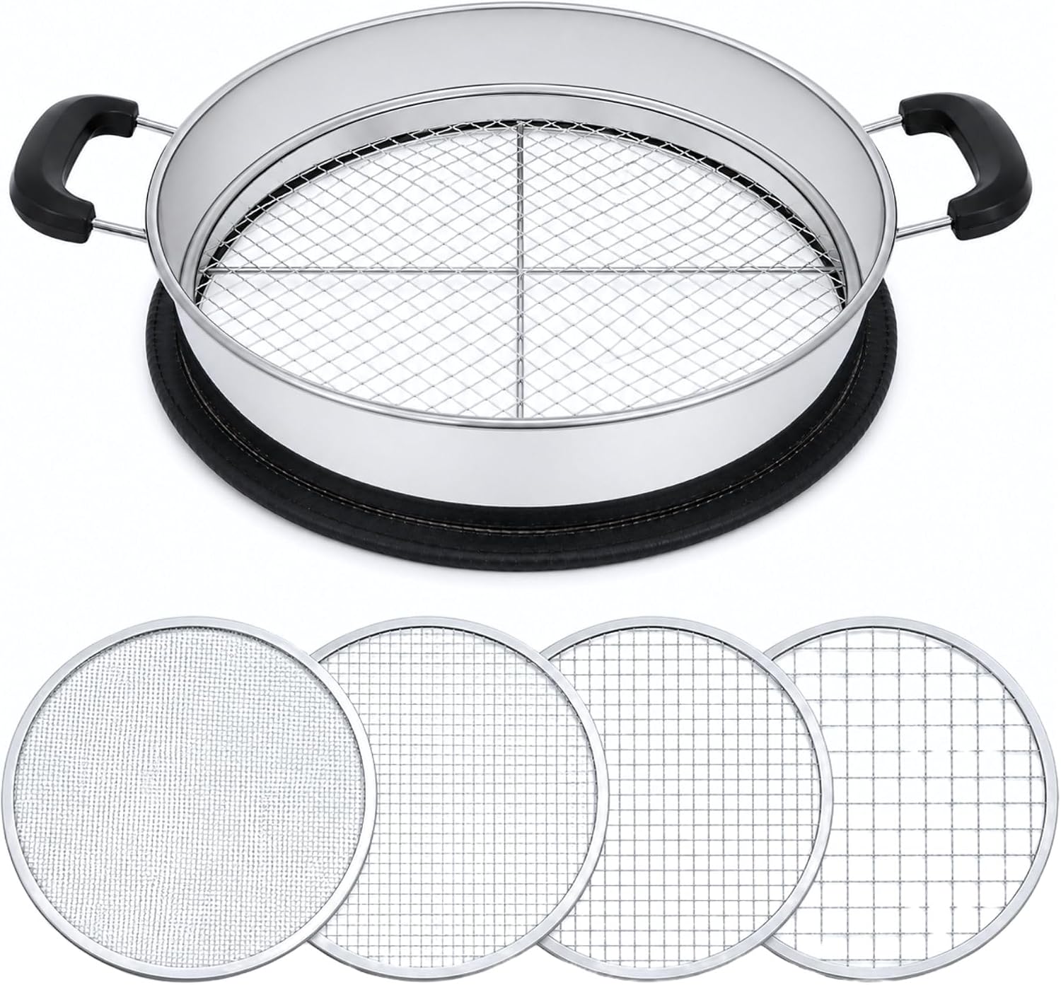 Soil Sifter for 5 Gallon Bucket, 4 Interchangeable Mesh Screens, Heavy Duty Garden Sieve with Handle, Thickened Frame with Protective Rubber Edge