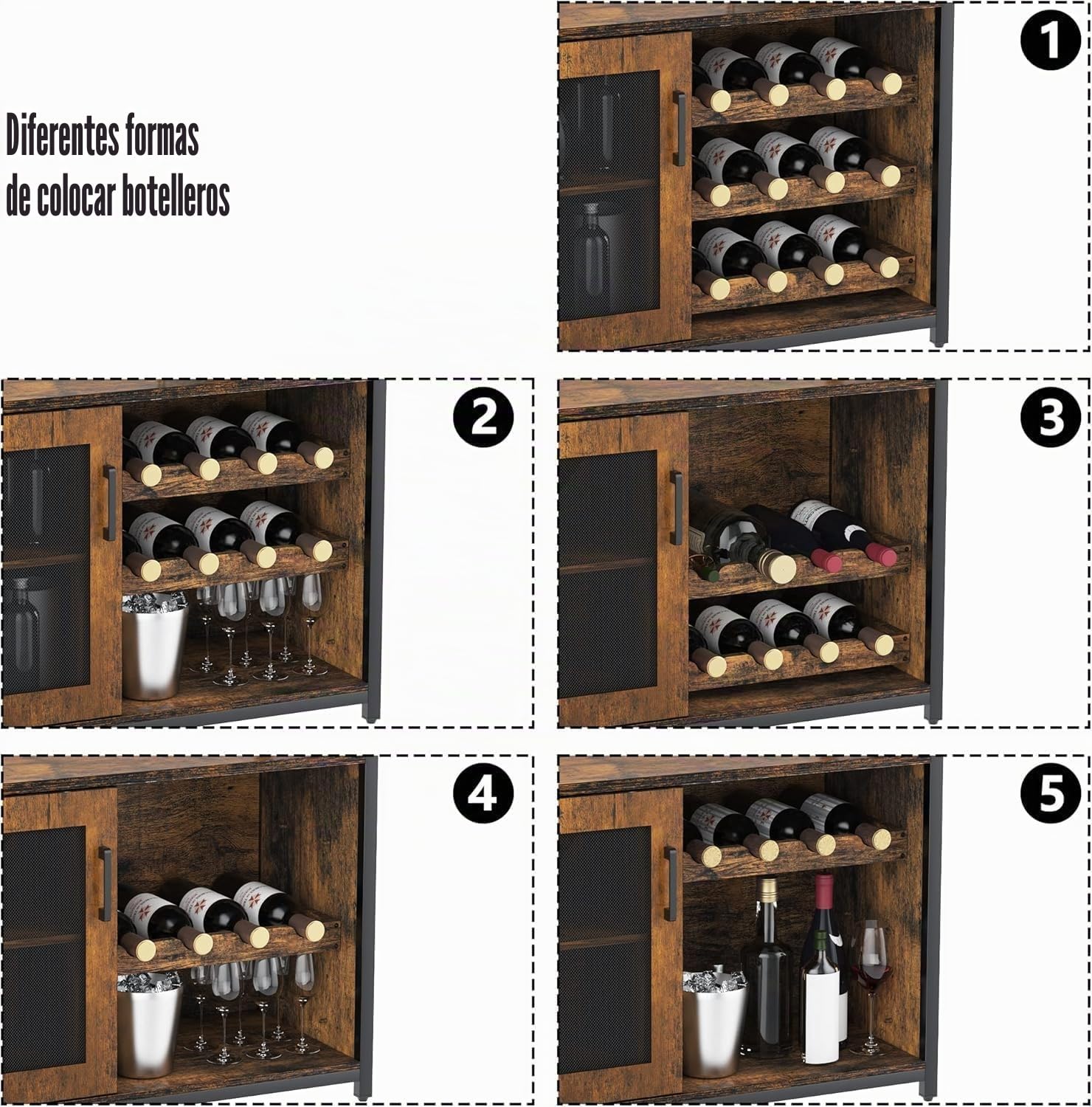 GarveeHome Gabinete para vinos con iluminación LED, armario de bar industrial 70x35x92 cm, estante para vinos ajustable con soporte para vasos para cocina, comedor, salón, mueble de cafetería - D