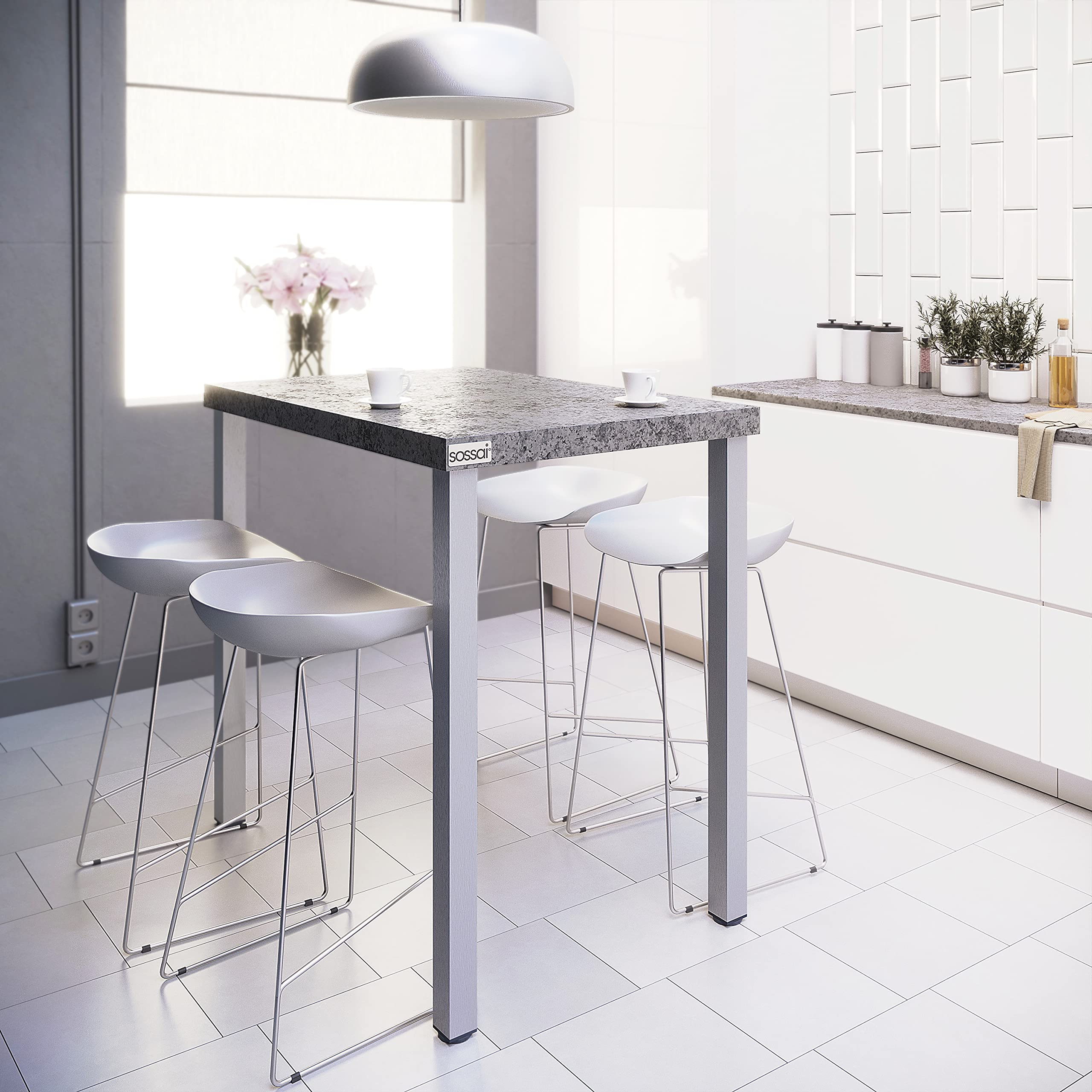 sossai® exklusiv - Tischbeine aus Aluminium | höhenverstellbar | Tischfüße TBE | Ausführung: Edelstahl, gebürstet, Vierkant Profil 6x6 cm | Set: 4 Stück | Höhe: 110 cm (1100 mm), einstellbar + 2 cm