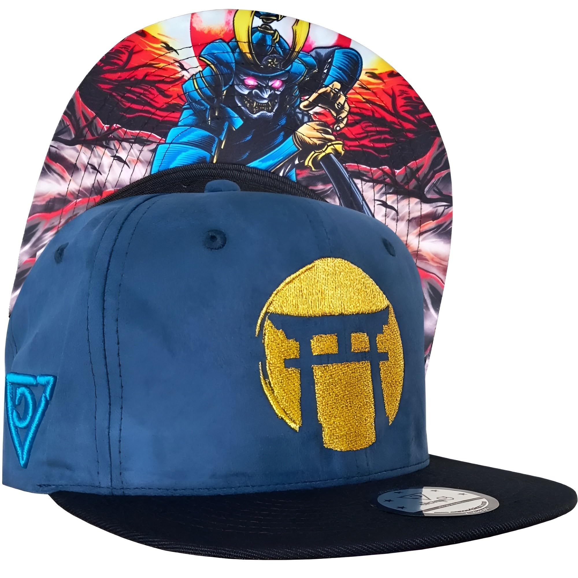 Capiche Unisex D-328 - Blue Samurai [99+ Variations] Blue Samurai Snapback Cap - Soft Suede Hat With Golden Embroidered Torii Logo, Warrior Undervisor Art, Adjustable For Japanese Culture And Streetwear Fans