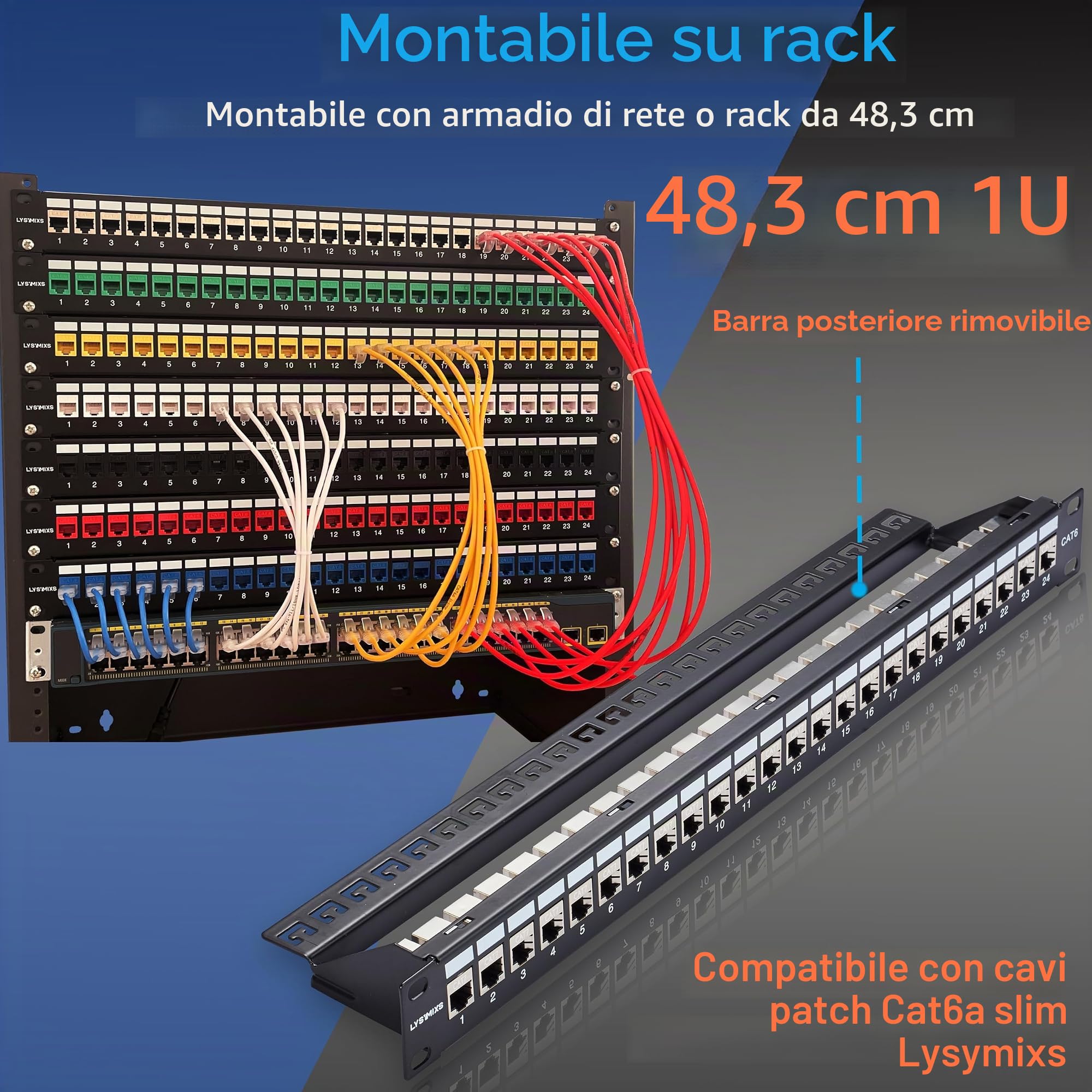 Pannello patch RJ45 a 24 porte Cat7 STP Feed Through, accoppiatore di rete Patch Panel da 48 cm, pannello patch Ethernet Keystone in linea con barra posteriore