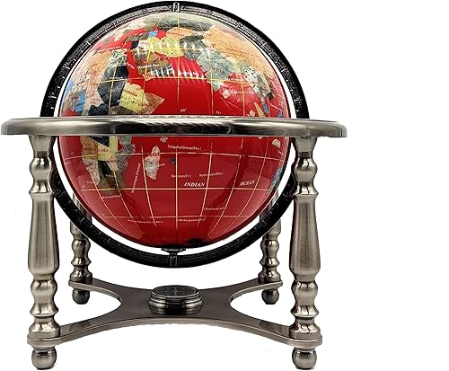 Miniatura 9 de Unique Art - Mesa de 10 pulgadas de alto cuarzo verde océano piedra preciosa globo mundial con soporte de aleación de zinc chapado en cobre cobre