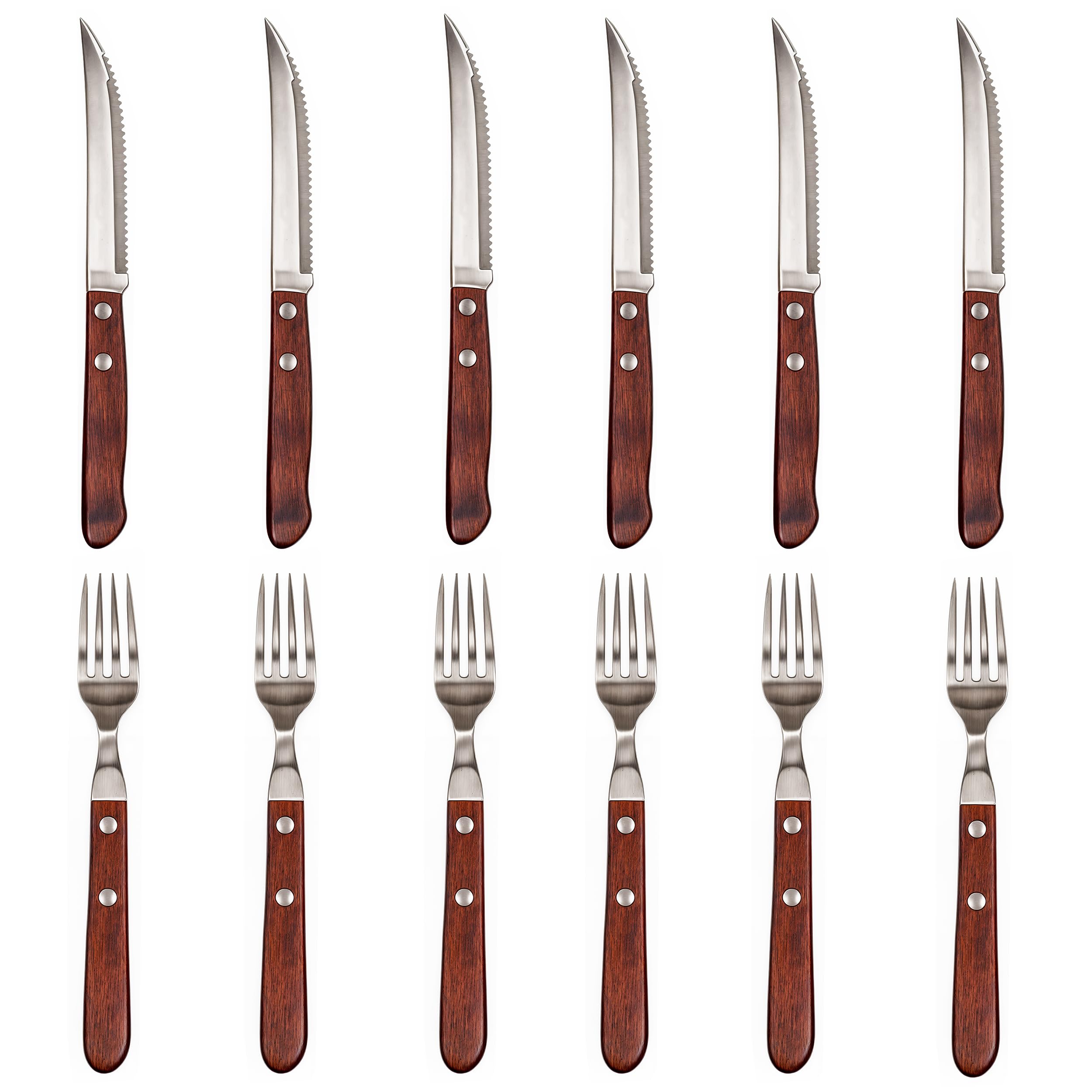 Posate da bistecca acciaio inox legno 12 pezzi con 6 pezzi di coltelli da bistecca e 6 pezzi di forchette da bistecca