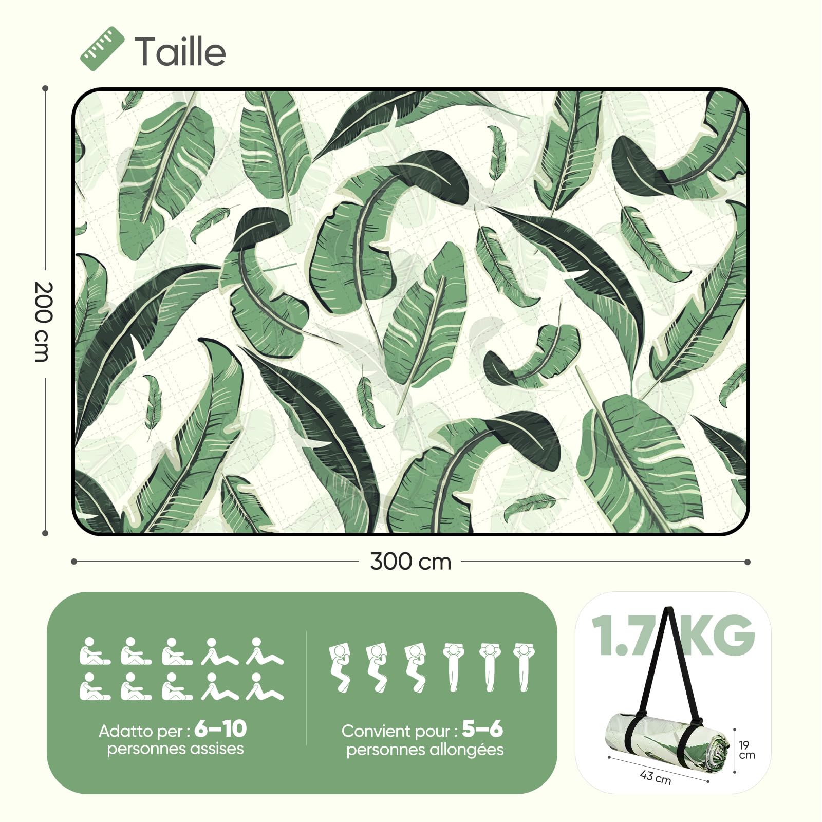 Sekey Coperta Picnic Impermeabile Grande 200x300 cm Antisabbia Imbottita PEVA per Picnic, Camping, Spiaggia