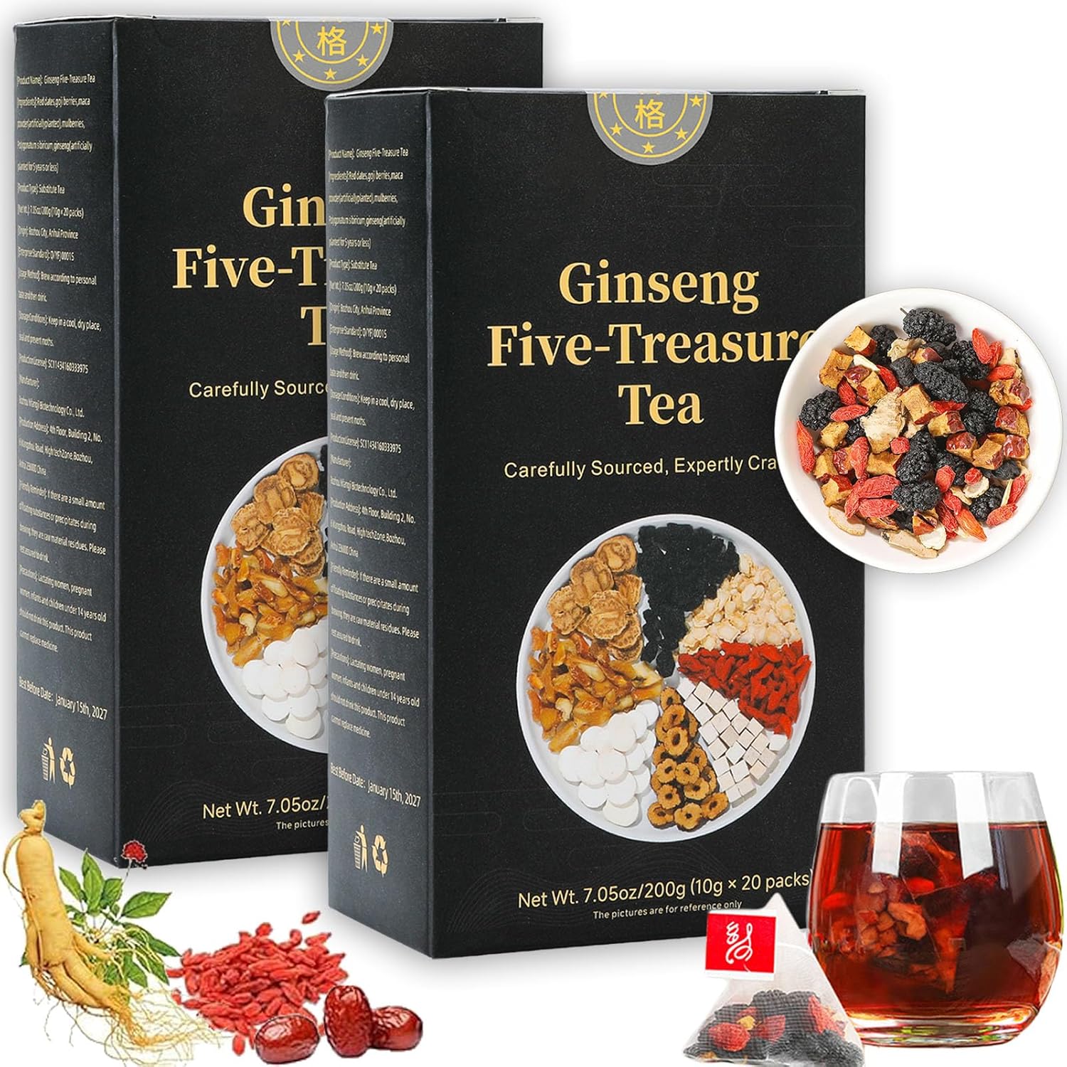 Ginseng-infused Five Treasure Tea, 200g Kidney Tea formula, Traditional Chinese Herbal Tea, Kidney Care tea Bags for Women & Men- 20bags/Box (2 Boxes, Ginseng Five Treasures tea) Ginseng Five Treasures Tea 2 Boxes