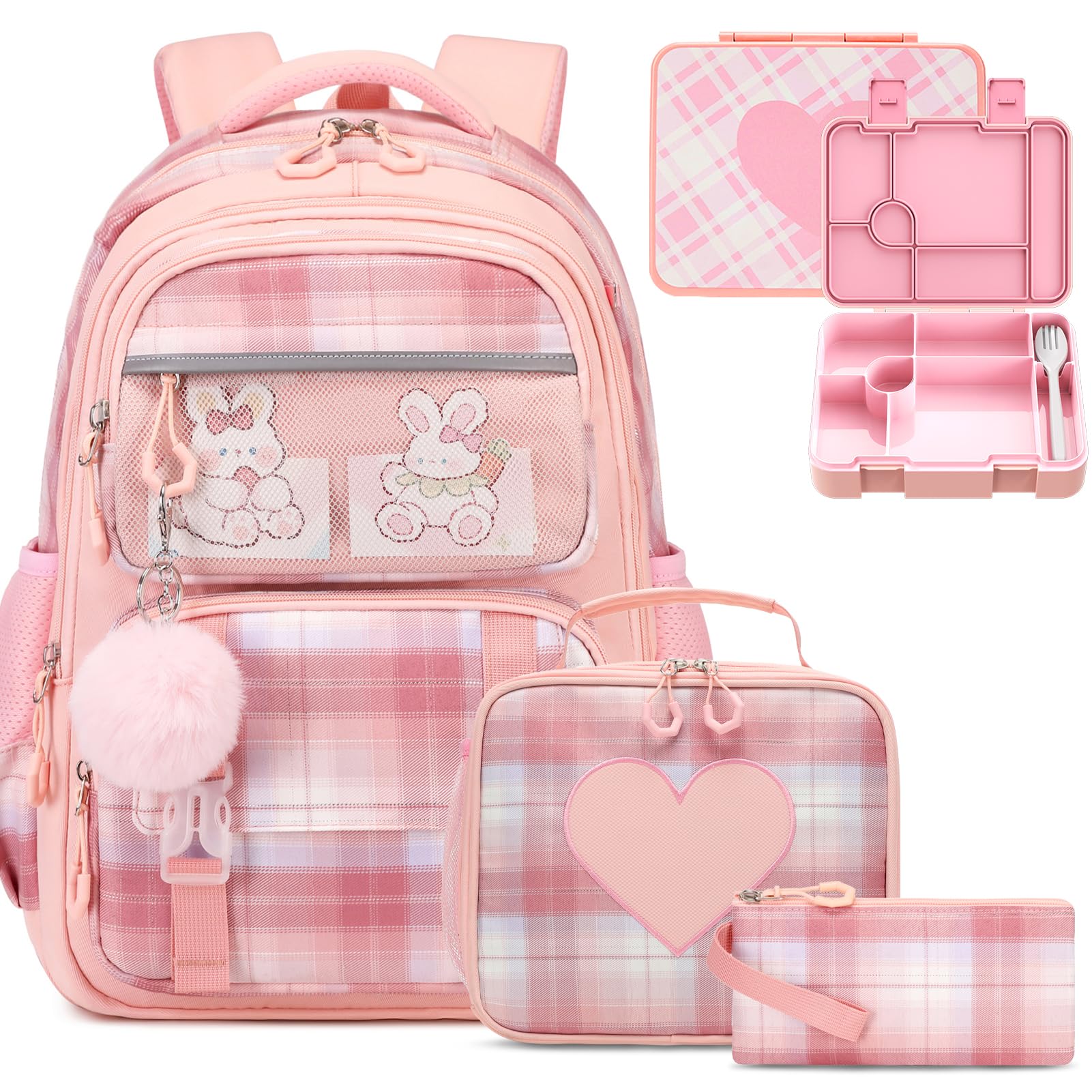 Bevalsa Kids Backpack for Girls with Bento Lunch Box Set, Plaid Purple Bookbag Backpack for Girls Kid, 43oz Lunch Containers Lunchbox, Insulated Lunch Bag & Pencial Case, Back To School Gift