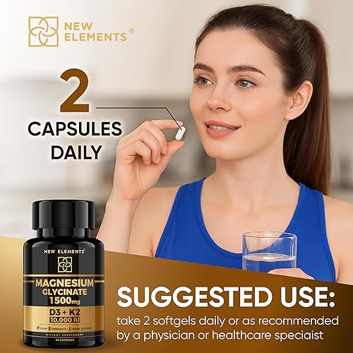 Miniatura 8 de Glicinato de magnesio 1500 mg con vitamina D3 K2 10,000 UI - Salud ósea, apoyo inmunológico, energía y estado de ánimo - Sin OMG, sin gluten, 60