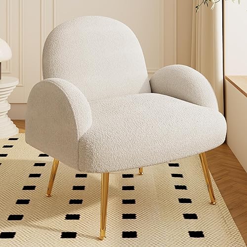 Moderna silla decorativa Sherpa Boucle, silla de tocador tapizada con brazo con patas de metal para esquina, sillas laterales de lectura esponjosas