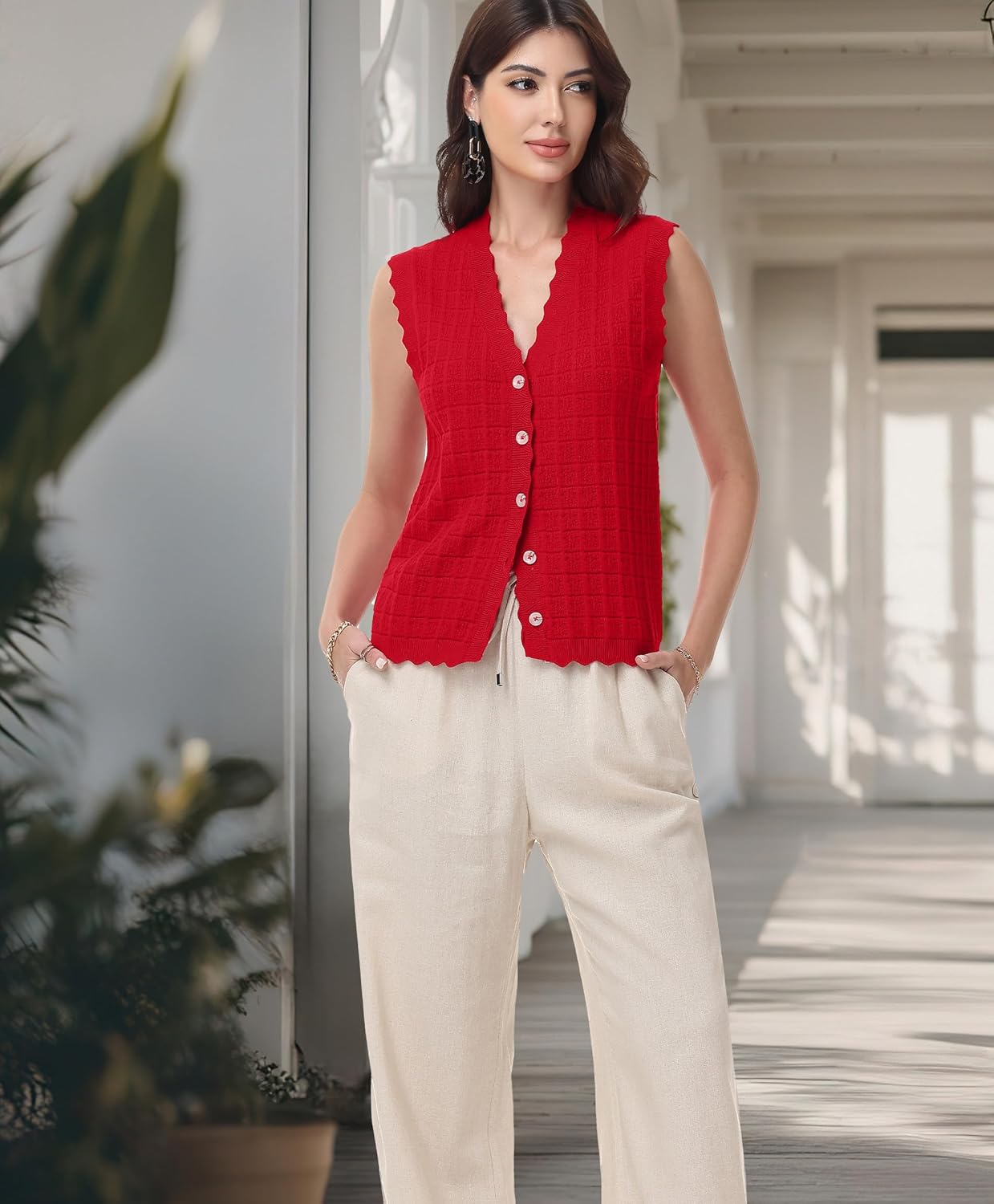 Trendy Sweater Vest Waffle Knit Top Vest V Neck Cardigan Sweater Casual Sleeveless Tops Cute Ruffle Vest - Image 5