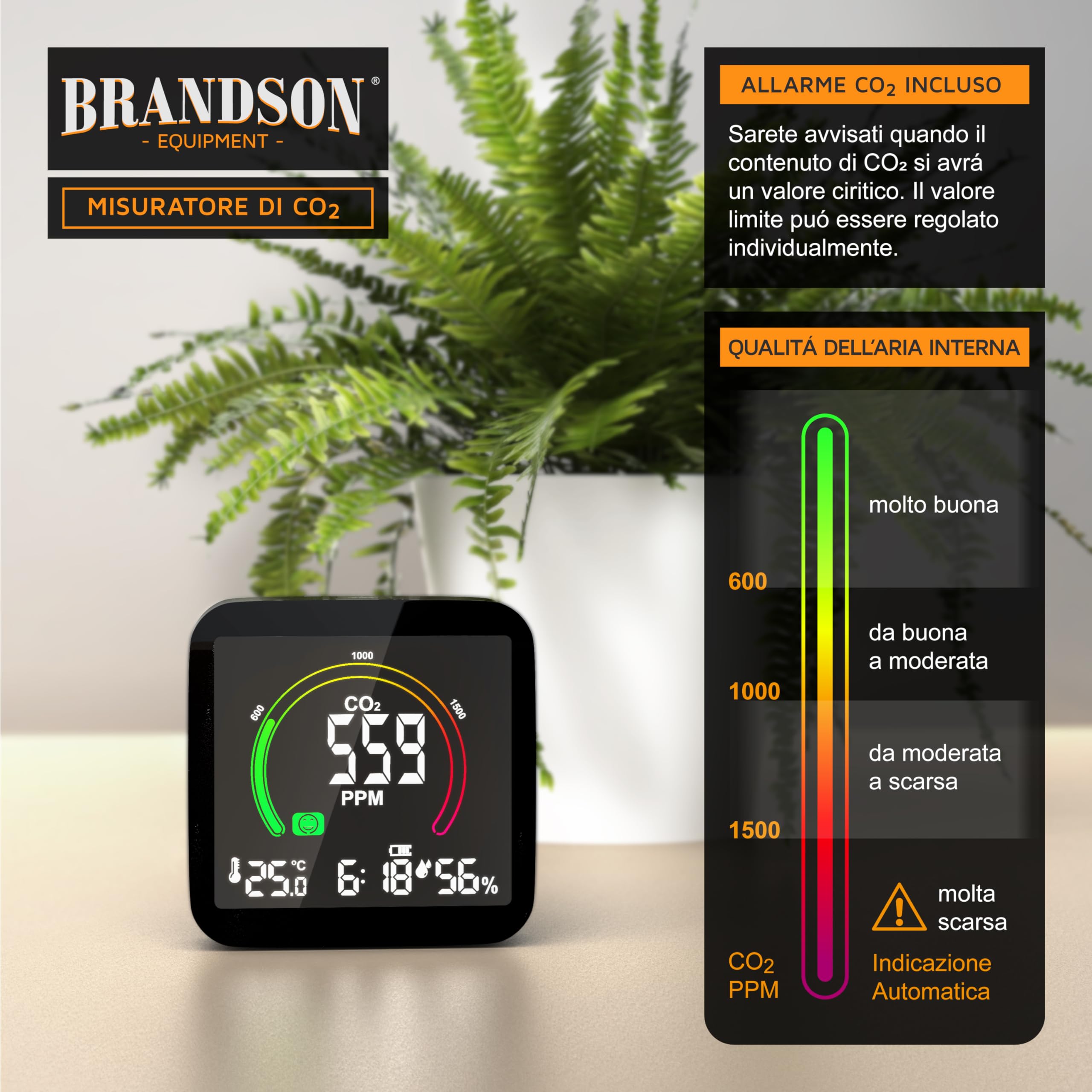 Brandson - Misuratore di CO2 misurazione dell'anidride carbonica PPM - Allarme - Sveglia con Funzione Snooze - Temperatura, Ora, umidità - Batteria Ricaricabile Integrata - Nero