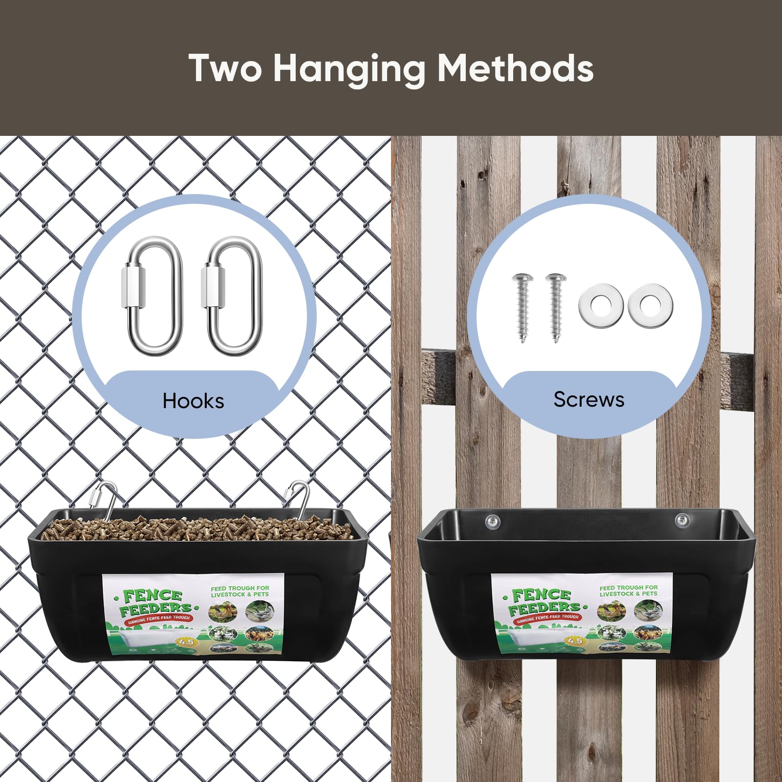 Paquete de 4 comederos colgantes para cabras, alimentador de pollo, con clips, comederos de valla colgantes, cubos de alimentación de 4.5 cuartos para caballos, comedero de patos, comedero de