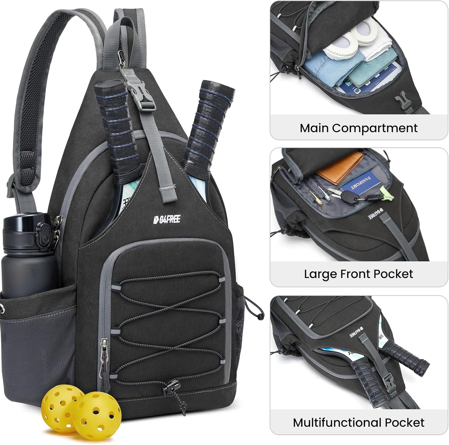 G4Free Pickleball Backpack, Men's & Women's Adjustable Crossbody Sling Bag, Lightweight Paddle Bag - Image 3
