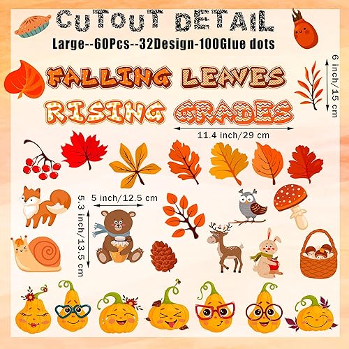 Miniatura 3 de Juego de 60 piezas de decoración de tablón de anuncios de otoño, decoración de aula de Acción de Gracias, 32 diseños, decoración de tablón de