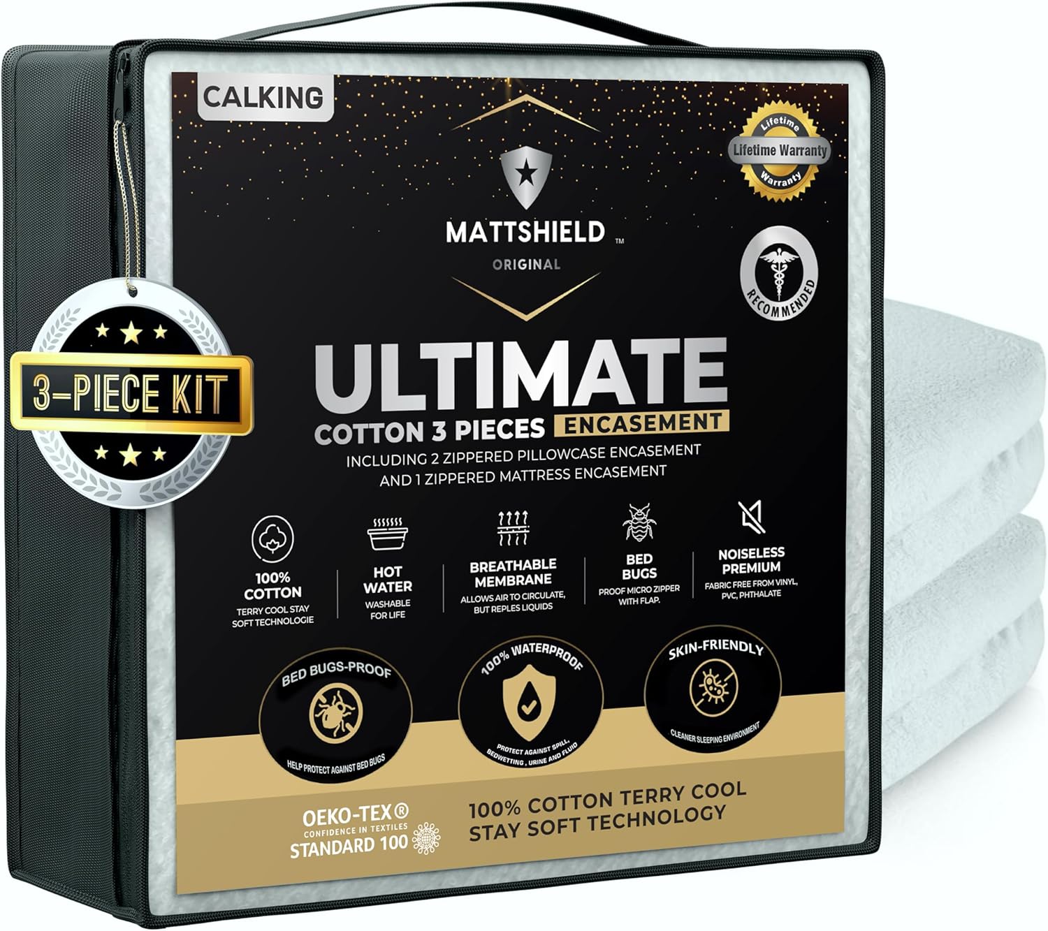 MATTSHIELD Ultimate 3-Piece Kit - Bed Bug-Proof Mattress Cover Calif King 100% Cotton Top + 2 Queen Pillow Protectors with Zipper - 6 Sided Waterproof Encasement, Total Defense Kit
