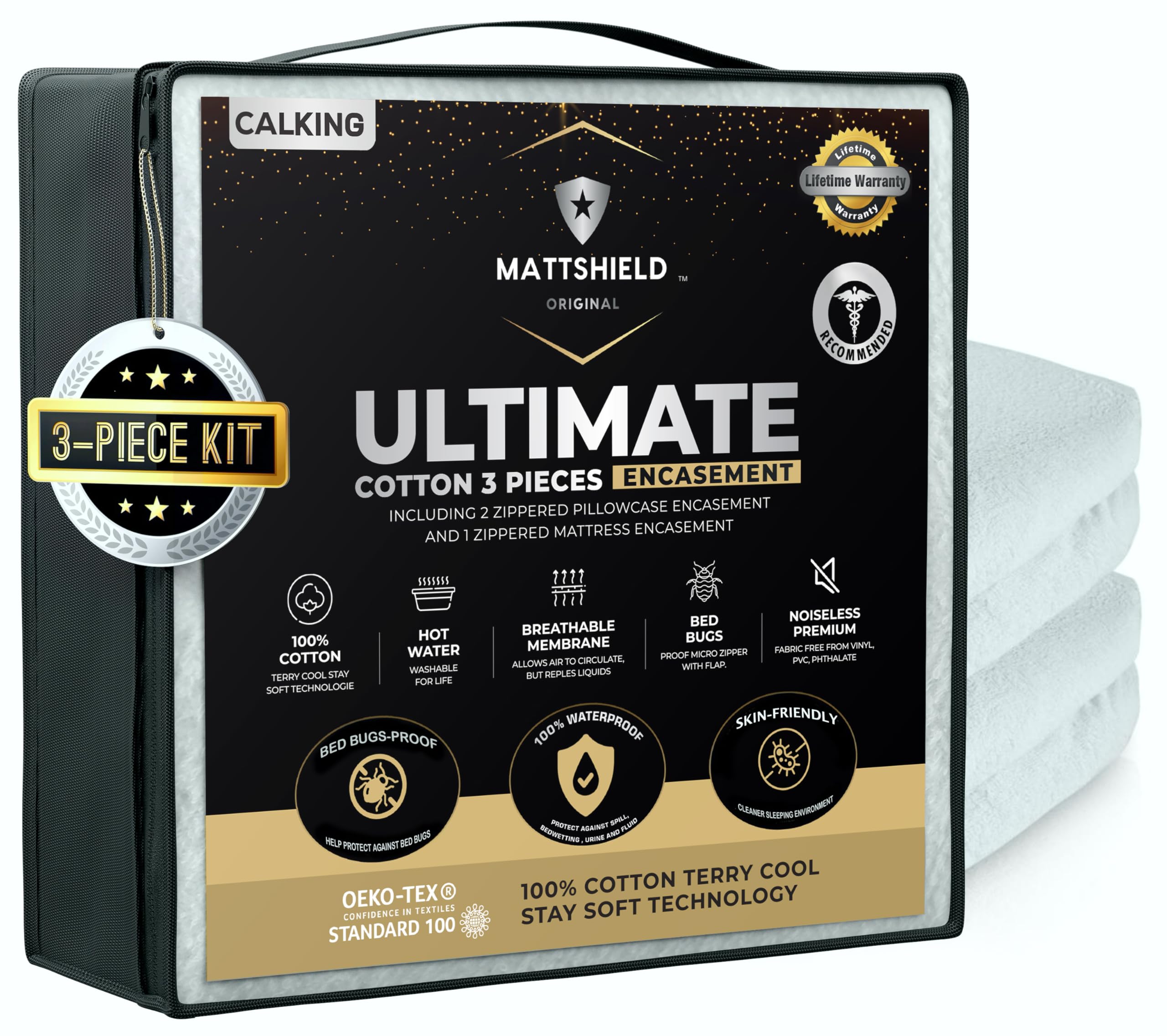 MATTSHIELD Ultimate 3-Piece Kit - Bed Bug-Proof Mattress Cover Calif King 100% Cotton Top + 2 Queen Pillow Protectors with Zipper - 6 Sided Waterproof Encasement, Total Defense Kit