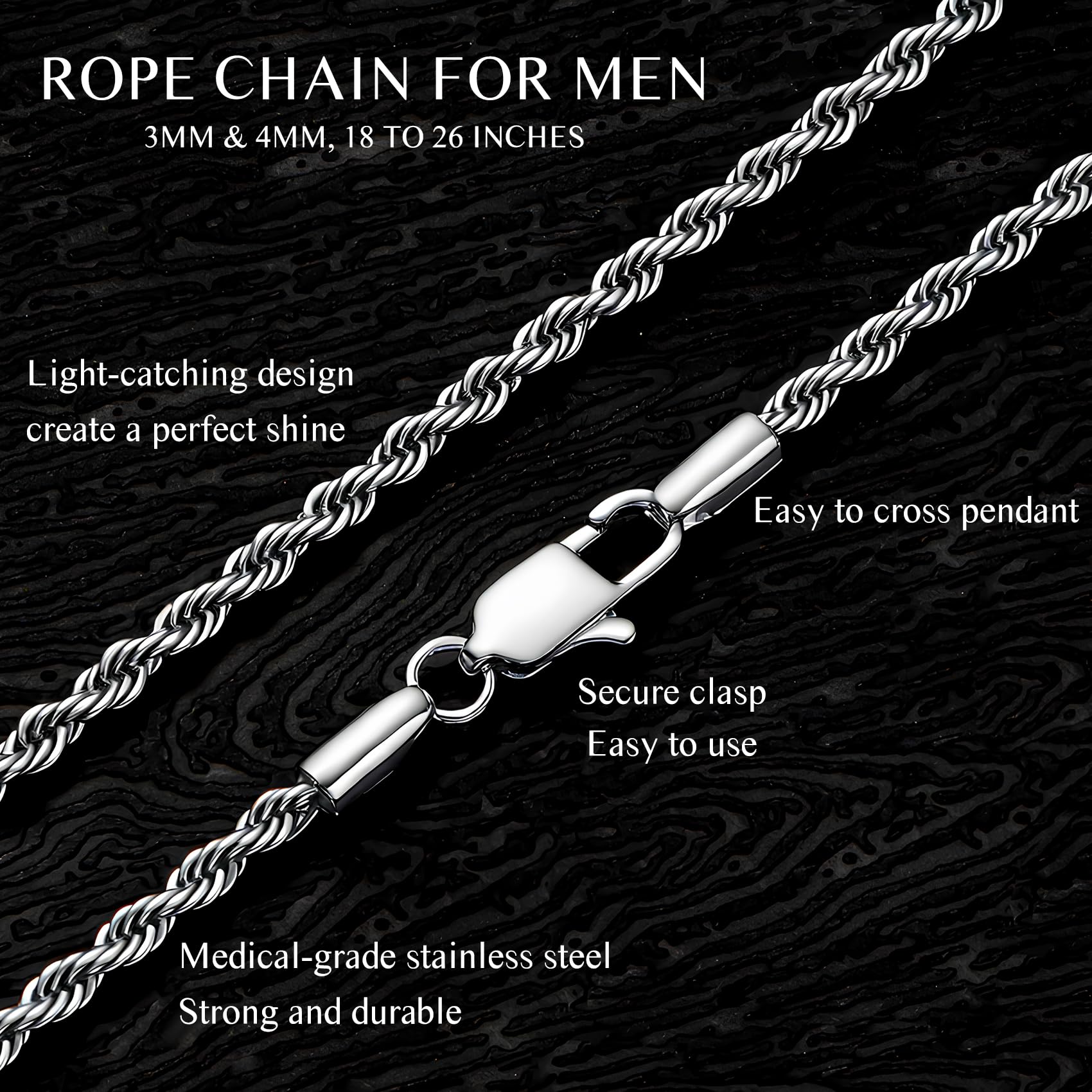 Silver Stainless Steel Rope Chain for Men, 3mm/4mm Mens Rope Twist Chain Necklace, 18-26 Inches