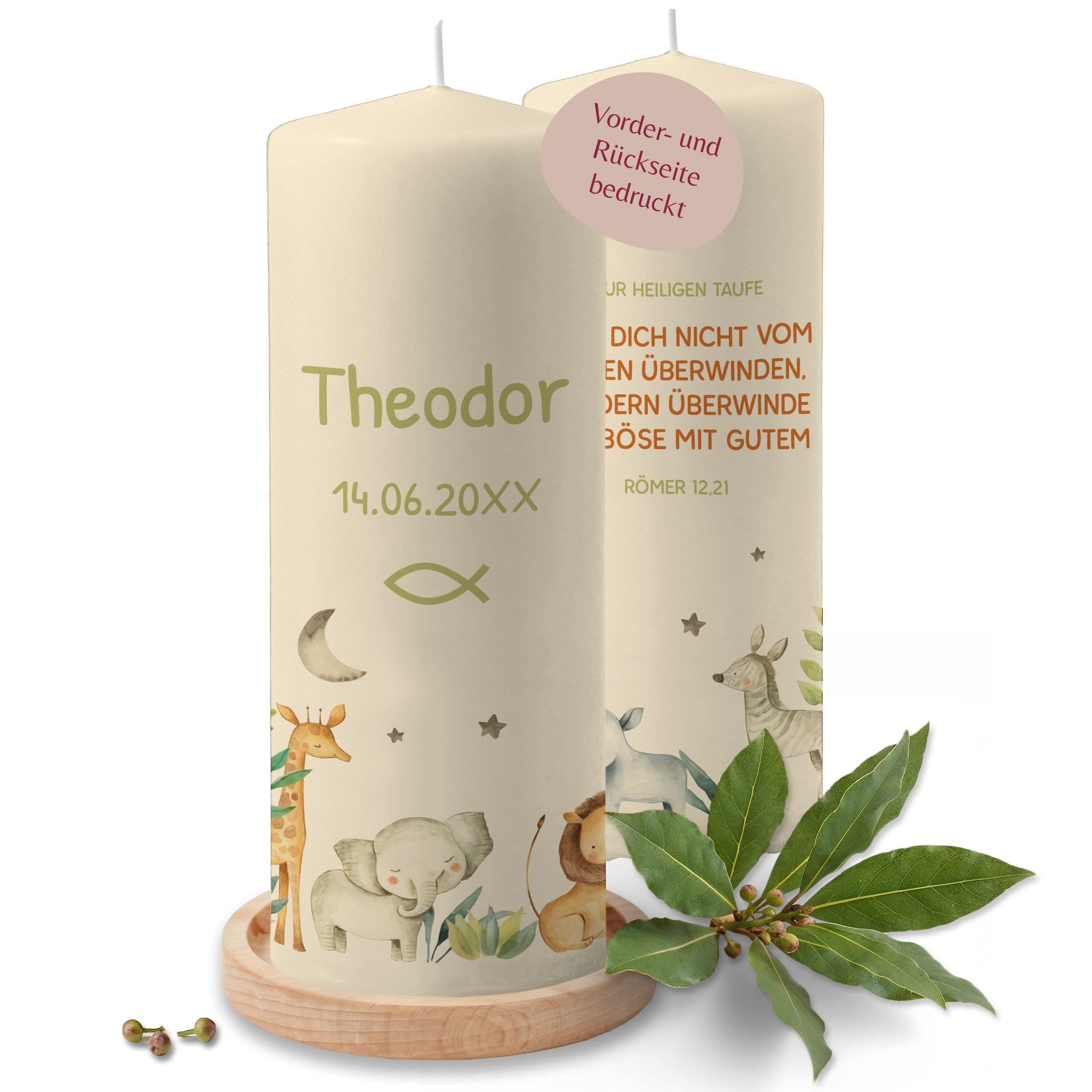 Taufkerze - Zur heiligen Taufe Safari Tiere mit Datum und Name - Taufgeschenk personalisiert - 230/78 mm - Elfenbein