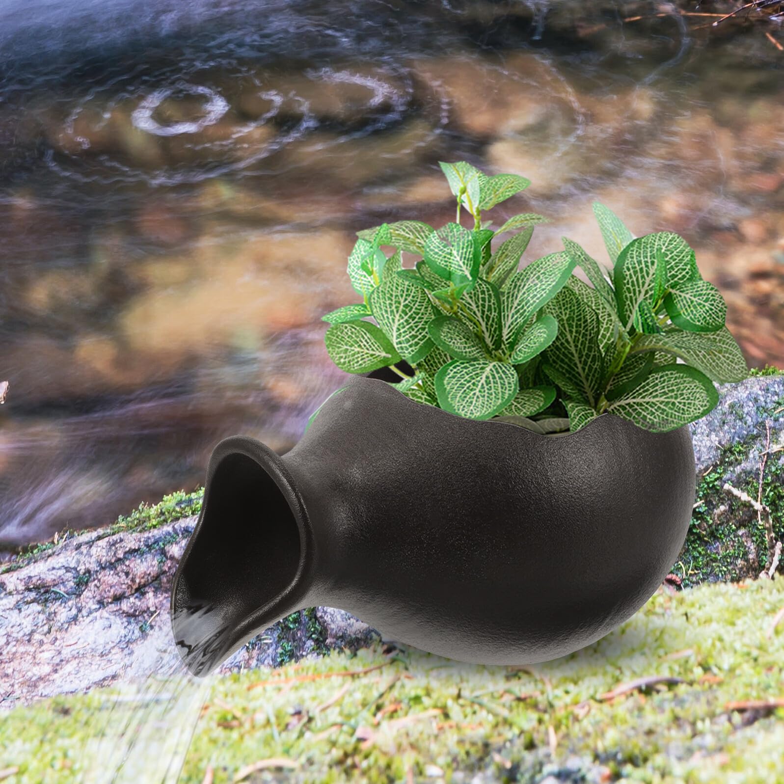 Keramikfilter Brunnenkrug für Gartendekoration Dekorativer Wasserbrunnen ohne Pumpe Keramikgefäß mit Wasserfallmotiv für Teich und Außenbereich