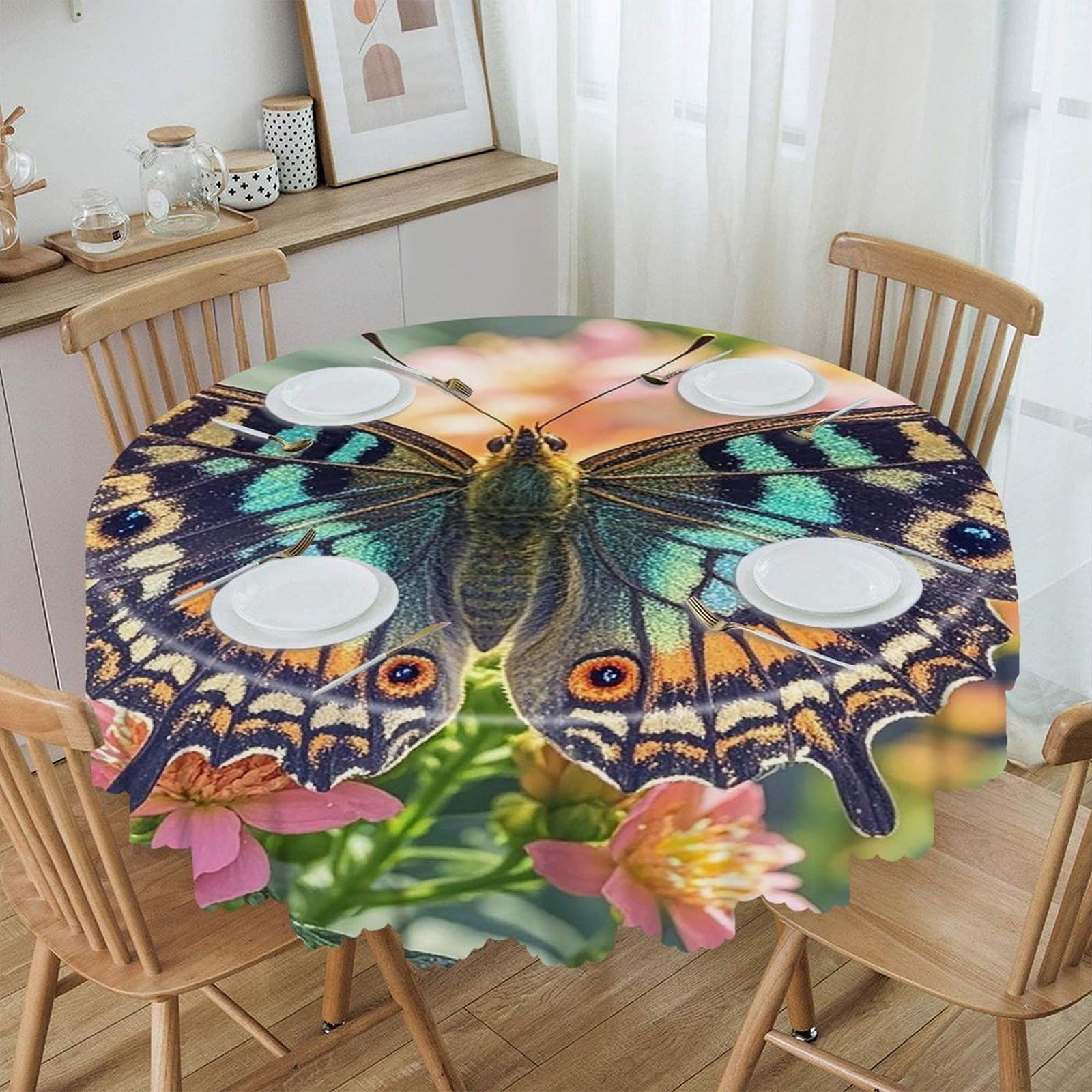 FekiLoot 60 Inch Round Butterfly Tablecloth Waterproof Heavy Duty Polyester Table Cloth Spill-Proof Wipeable Table Cover Decorative Circle Dining Tablecover for Party Outdoor