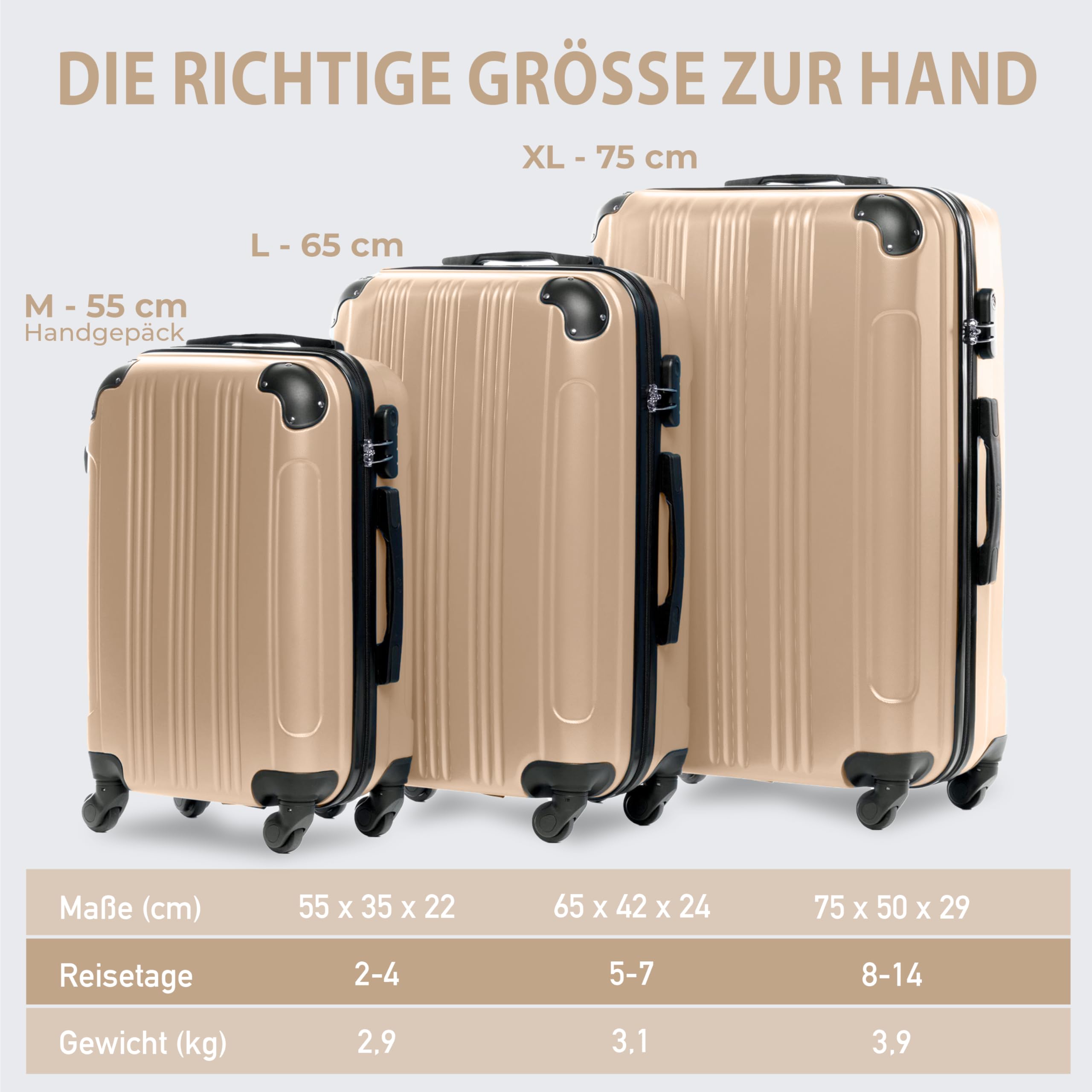 FERGÉ set di 3 valigie viaggio QUÉBEC - bagaglio rigido dure leggera 3 pezzi valigetta 4 ruote beige