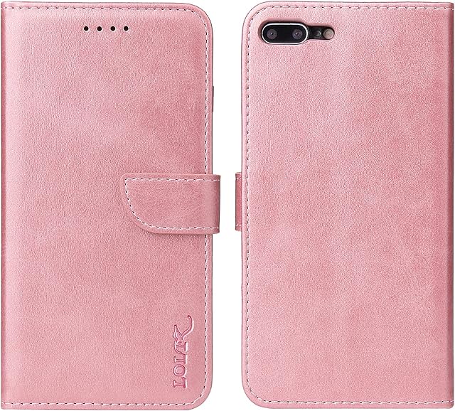 LOLFZ Wallet Case for iPhone 7 Plus 8 Plus, Vintage Leather Book Case with Card Holder Kickstand Magnetic Closure Flip Case Cover for iPhone 7 Plus 8 Plus - Rose Gold
