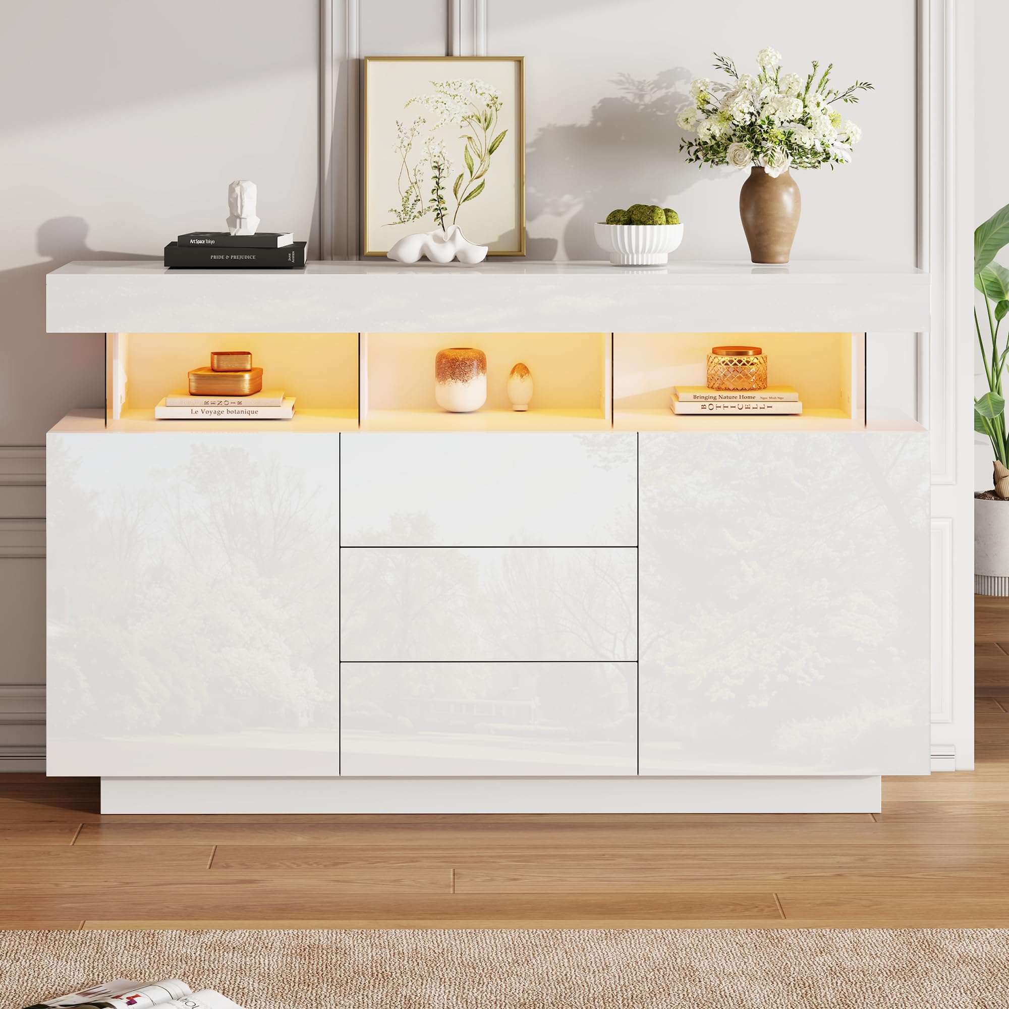 Modern dressoir 140 x 35 x 75 cm - met 4 deuren - 2 open vakken - MDF - Wit