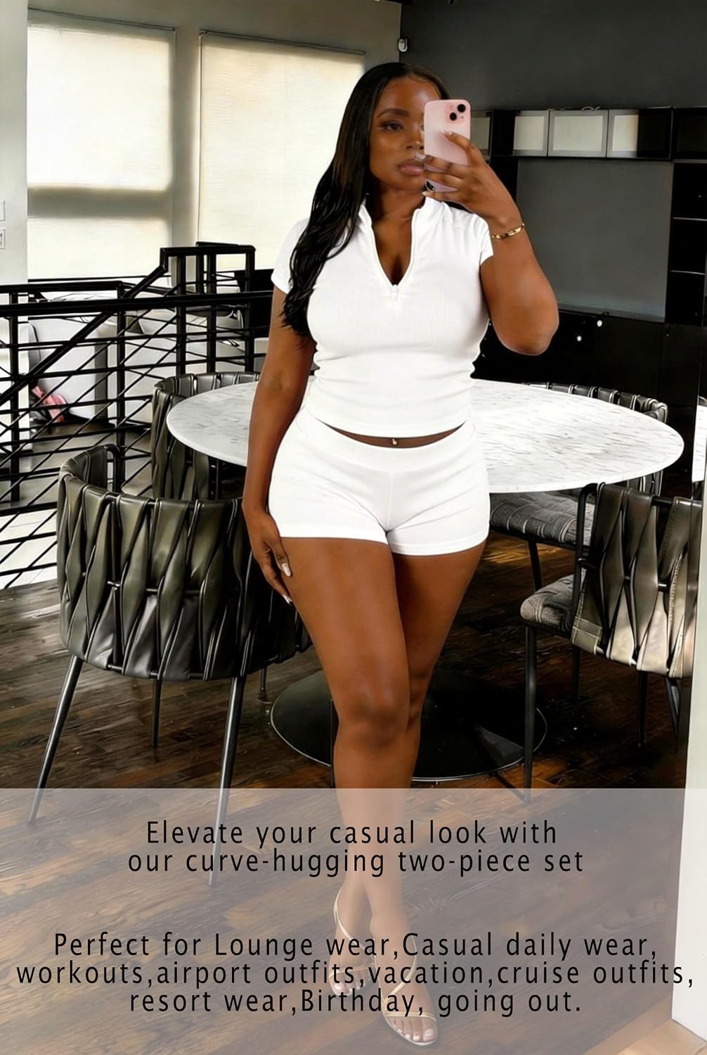 Vssjavun Women's 2 Piece Outfits Summer Ribbed Knit Quarter Zip Short Sleeve Top Bodycon Biker Shorts Sets Loungewear
