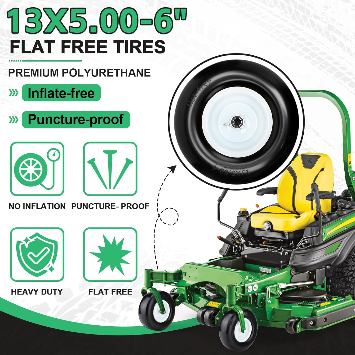 13x5.00-6 Flat Free Lawn Mower Tire and Wheel,13 x 5.00-6 Tires Replacement for Zero Turn Front Tires with 3/4" & 5/8" Precision Bearings,3.25"-5.25" Centered Hub,White 2 PCS