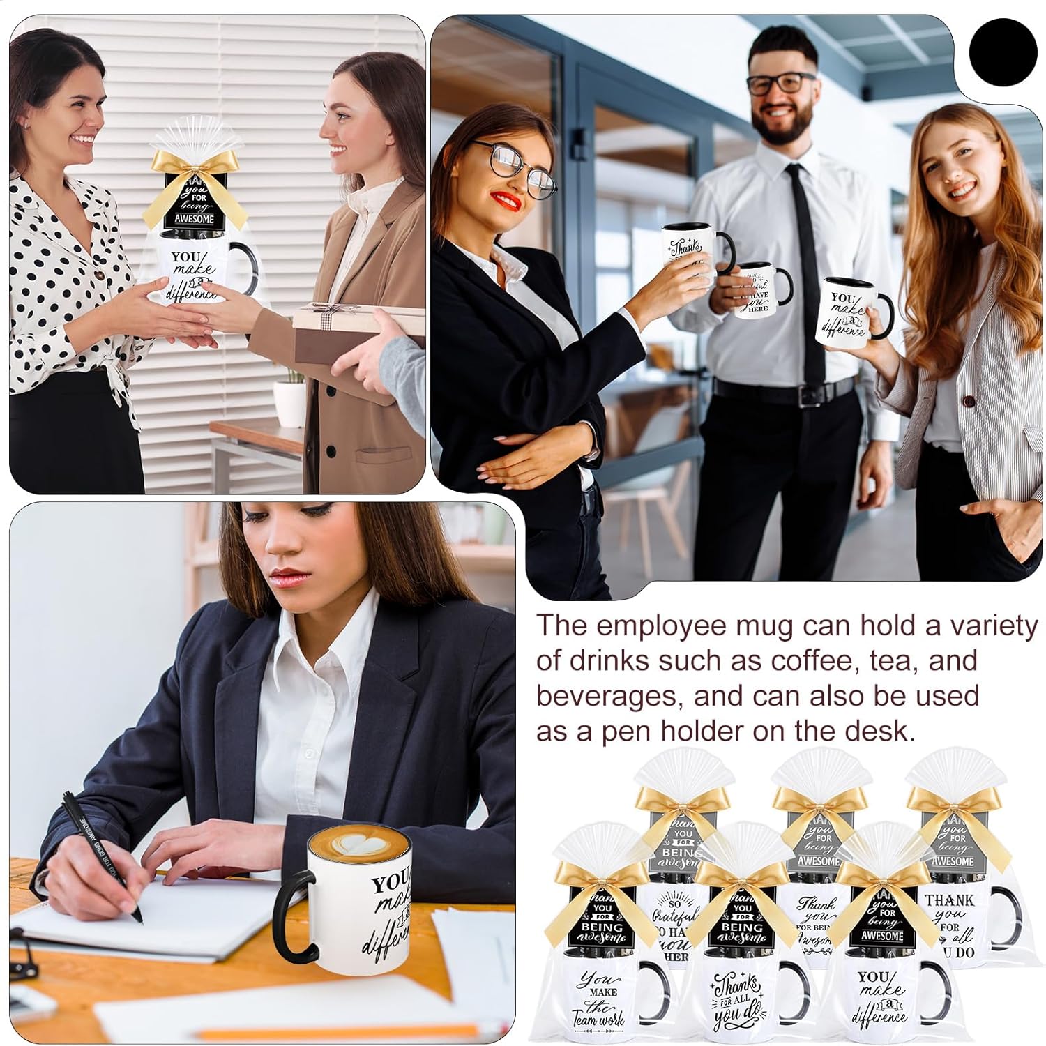 Baderke 6 Set Employee Appreciation Gifts Include Thank You Staff Mug Gift Set 12 oz Appreciation Mugs Inspirational Pens Tags for Employee Staff Team Group (Black Gray,Retro)