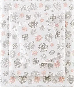 True North by Sleep Philosophy Cozy Flannel Warm 100% Cotton Sheet - Novelty Print Animals Stars Cute Ultra Soft Cold Weather Bedding Set, King, Pink/Grey Snowflakes 4 Piece