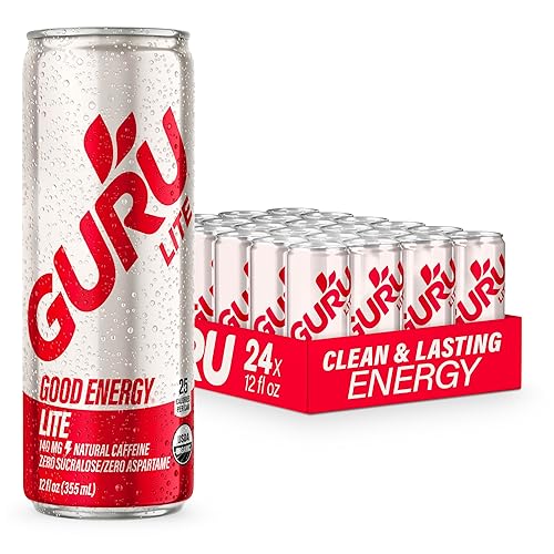 GURU Lite - Bebidas energéticas orgánicas, bebida energética limpia con cafeína natural a base de plantas de té verde, baja en calorías, sin gluten