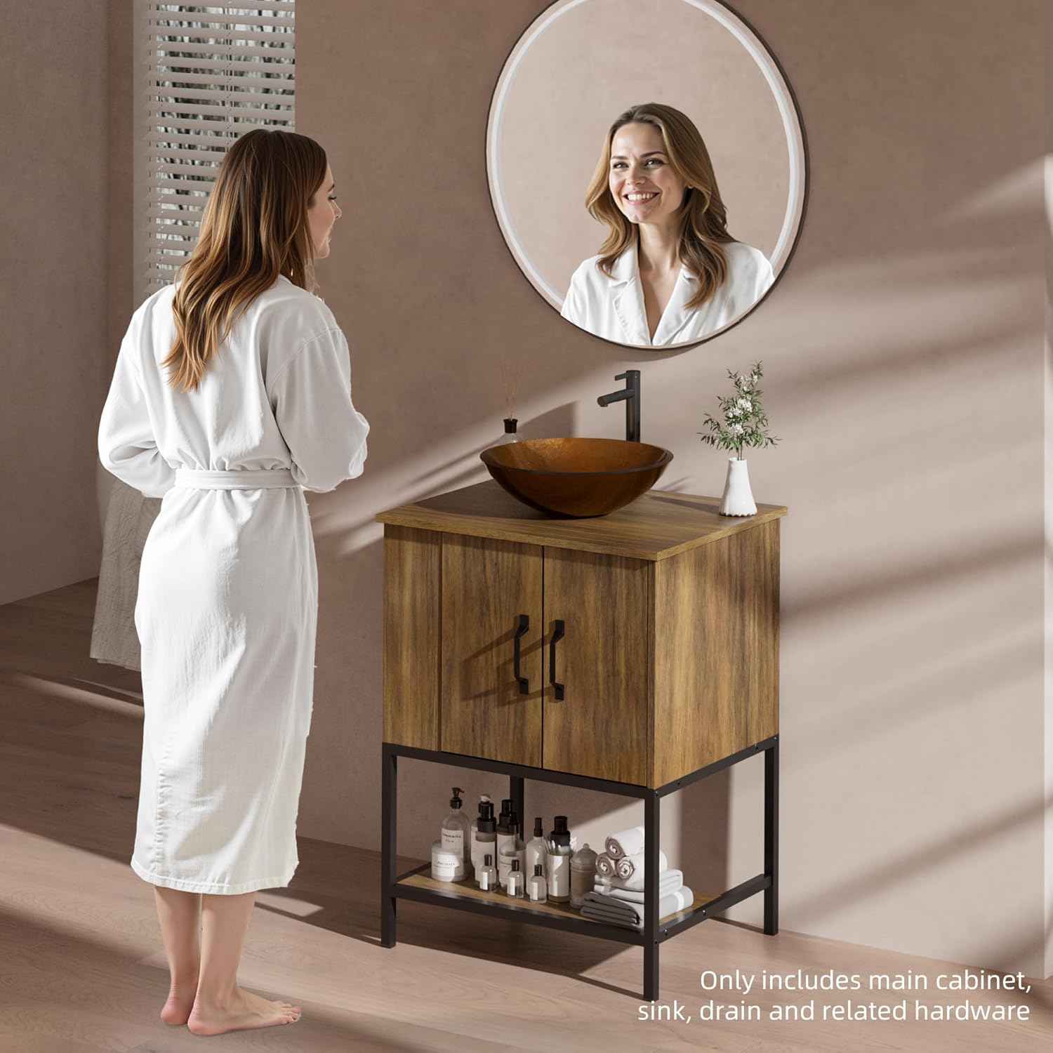 VNN Small Bathroom Vanity with Sink - 24 Inch Vanity with Sink, Freestanding Cabinet with Open Shelf, Modern Iron Wood Bathroom Cabinet with Countertop Tempered Glass Vessel, Oak