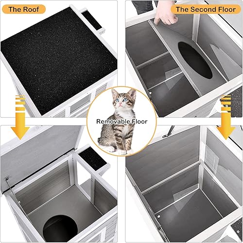 Miniatura 7 de Tangkula Casa para gatos al aire libre de madera, 2 pisos fuera de refugio para gatos con puerta de escape, techo de asfalto abierto, plataforma de