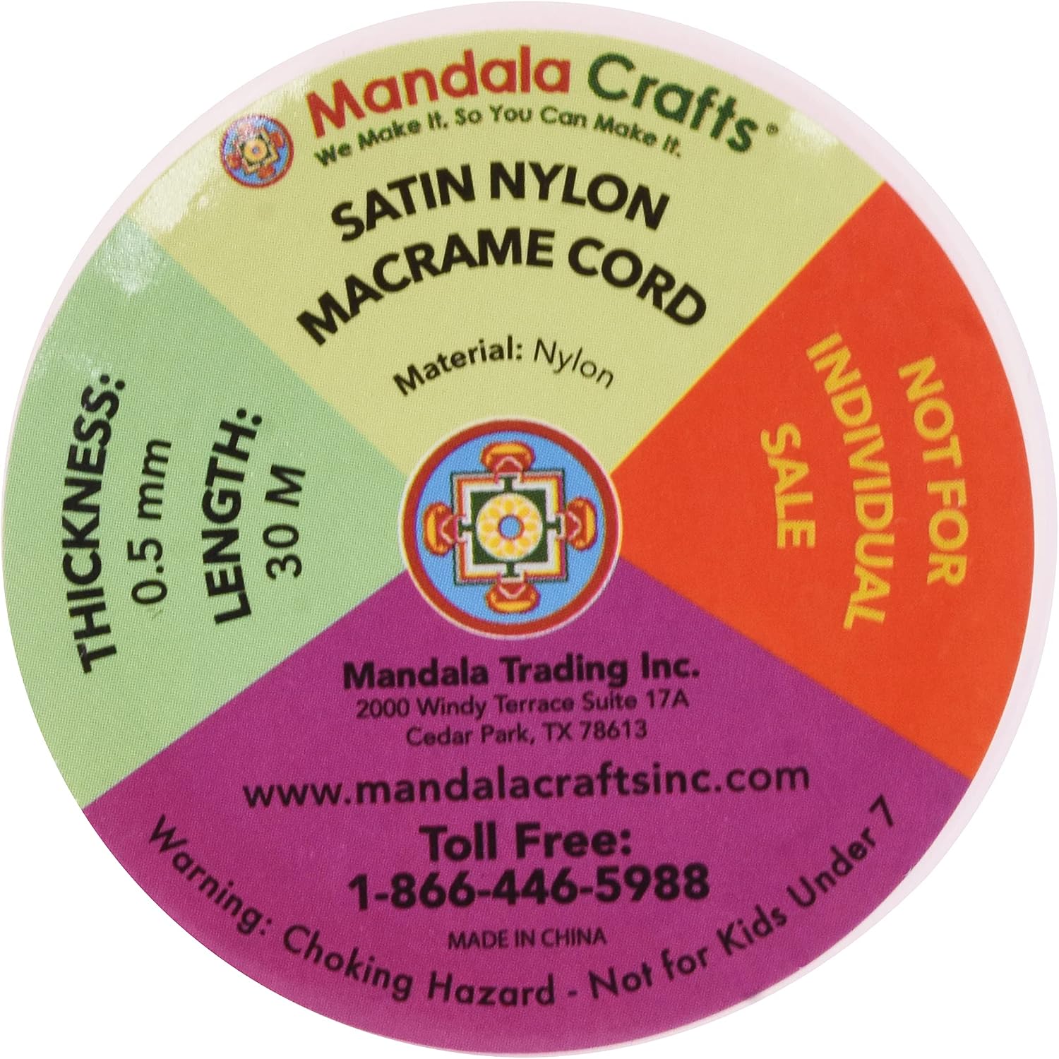 Mandala Crafts 0.5mm Assorted Rattail Nylon Satin Cord for Jewelry Making