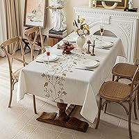 JoyfolDay Rustic Waterproof Linen Tablecloth Coffee Leaves Embroidery 55x70 Beige Farmhouse Rectangle Table Cover 4-6 Seats