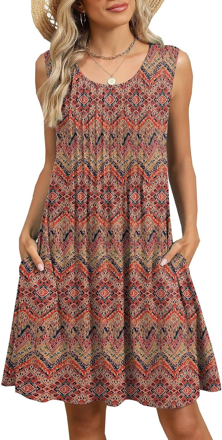 Womens 2025 Summer Casual Beach Loose Crew Neck Sleeveless Sundresses with Pockets
