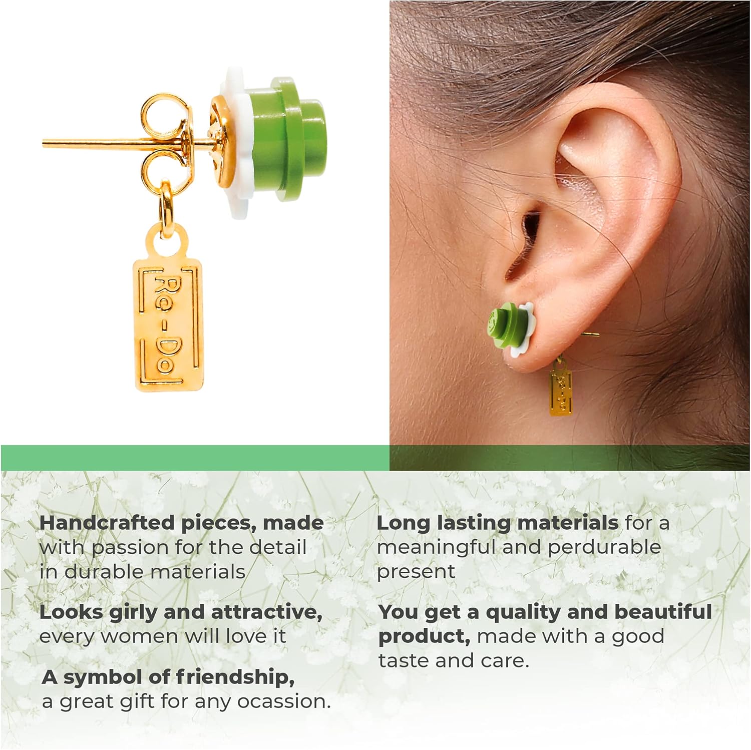 Flower Brick Studs Earrings by Redo-Bricks | Little Flower Collection | Limited Edition | Cute Comfortable and Durable for Girls and Women any age (White-Green)