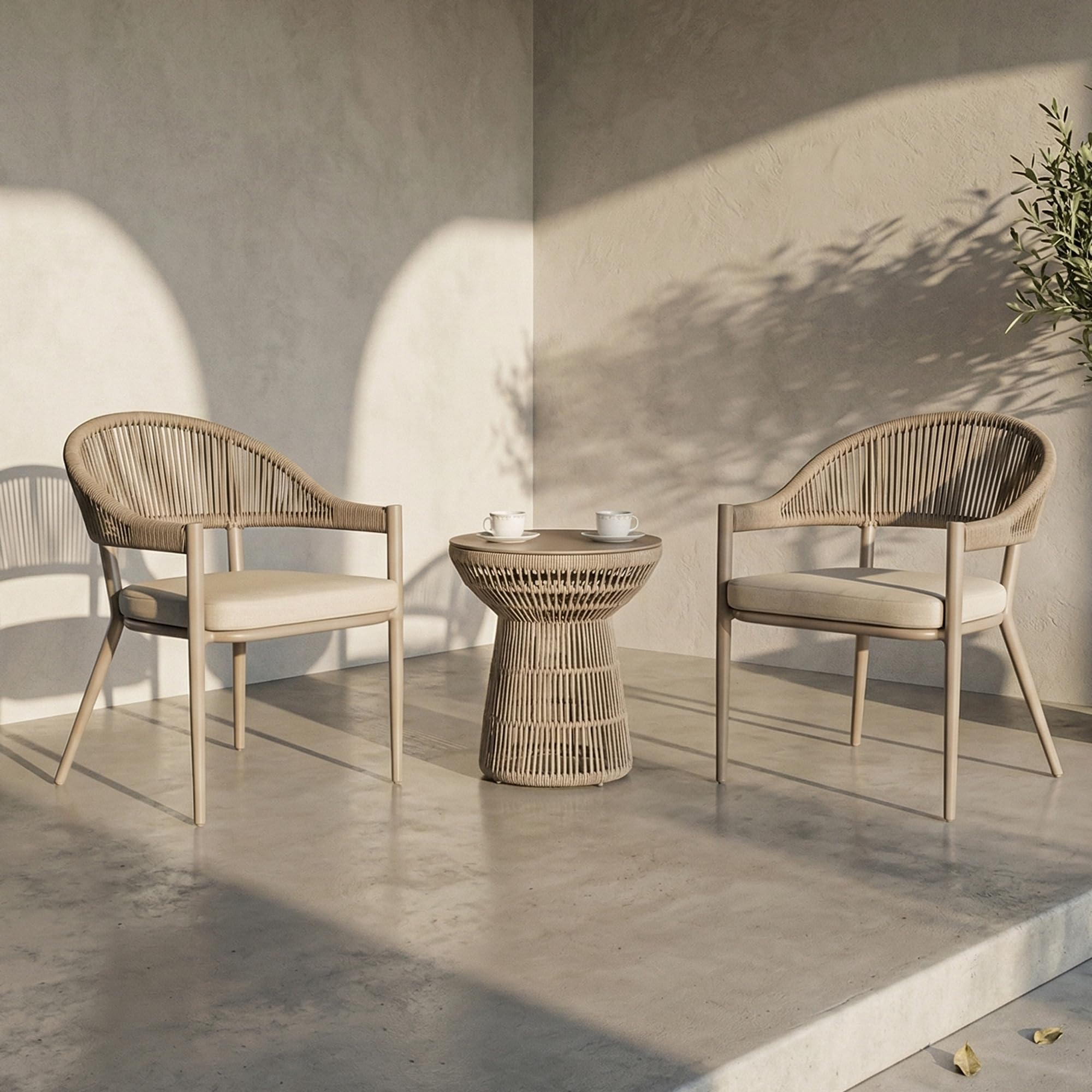 Amazon Brand - Solimo Urban Garden Patio Seating Chair and Table Set for Outdoor Balcony Garden Coffee Table Furniture with 1 Table and 2 Chairs Rope Cushioned Seating for Patio Terrace (Beige)-image-20