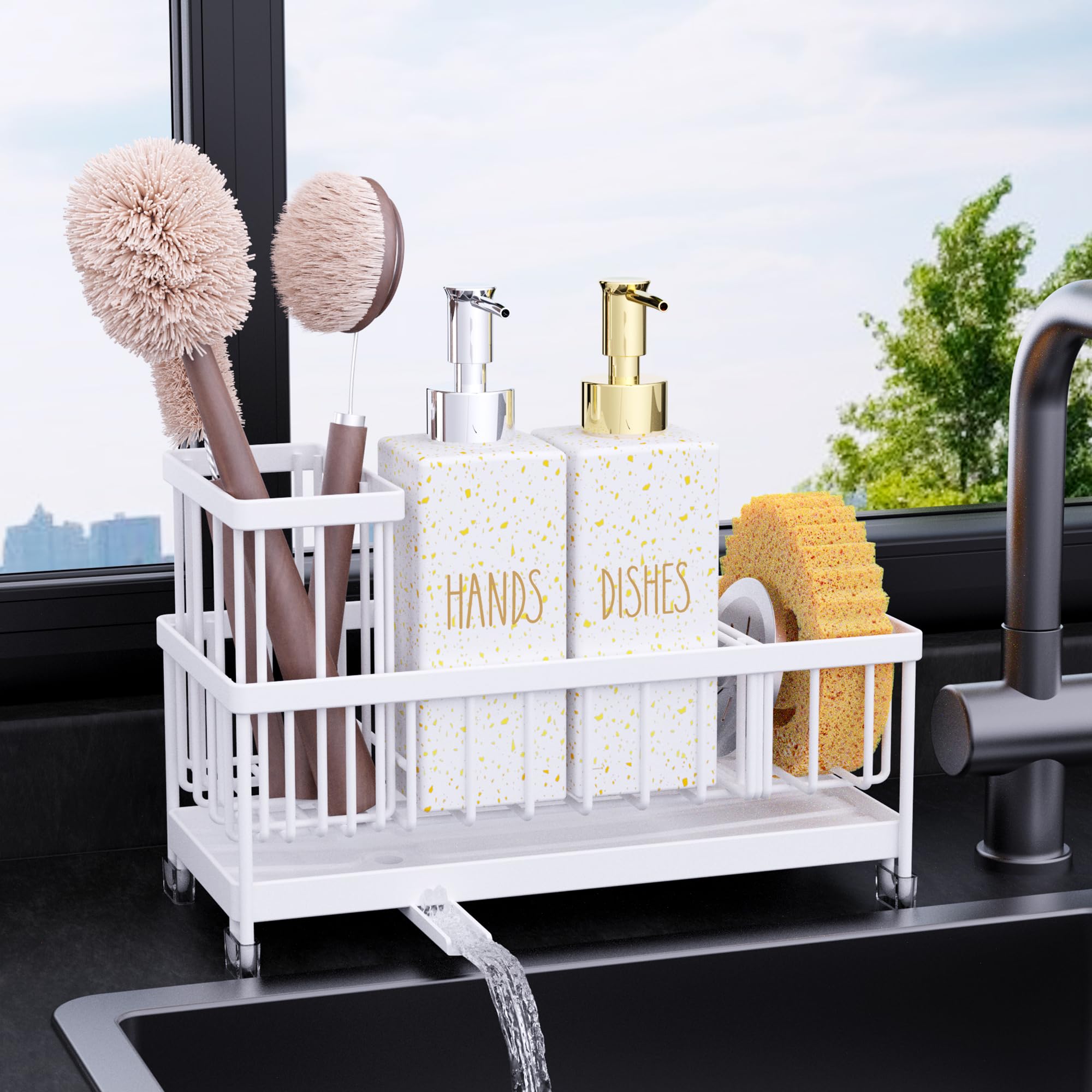 Cisily Kitchen Soap Dispenser Set with Sink Caddy, 12 Oz Glass Bottle, Hand and Dish Soap Dispenser Set with Sponge Holder, Black Stainless Steel Kitchen Countertop Sink Organizer Accessories